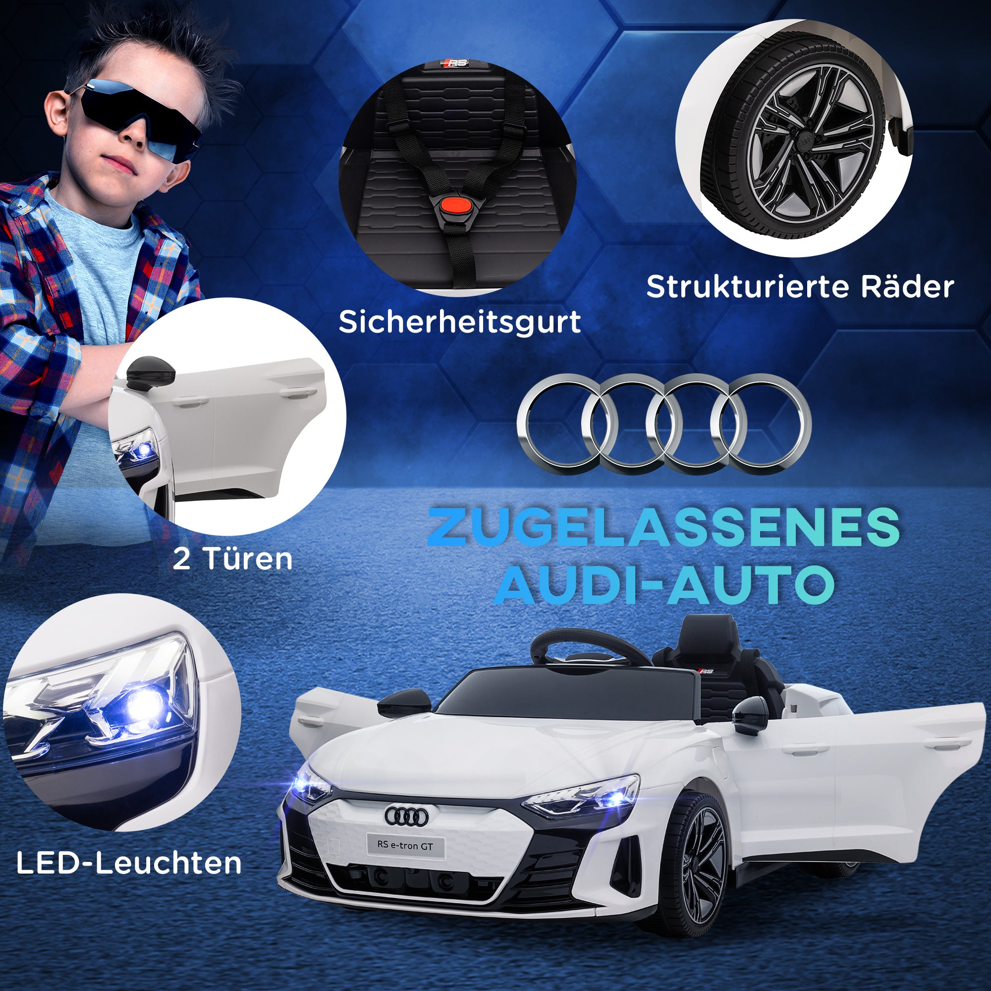 Kids Electric Car 12V Children's Car with 2.4 GHz Remote Control, 2 Motors, Kids Vehicle with 4 Sprung Wheels, Horn, Headlights, Music, Soft Start, Training Wheel, for 3-5 Years, White