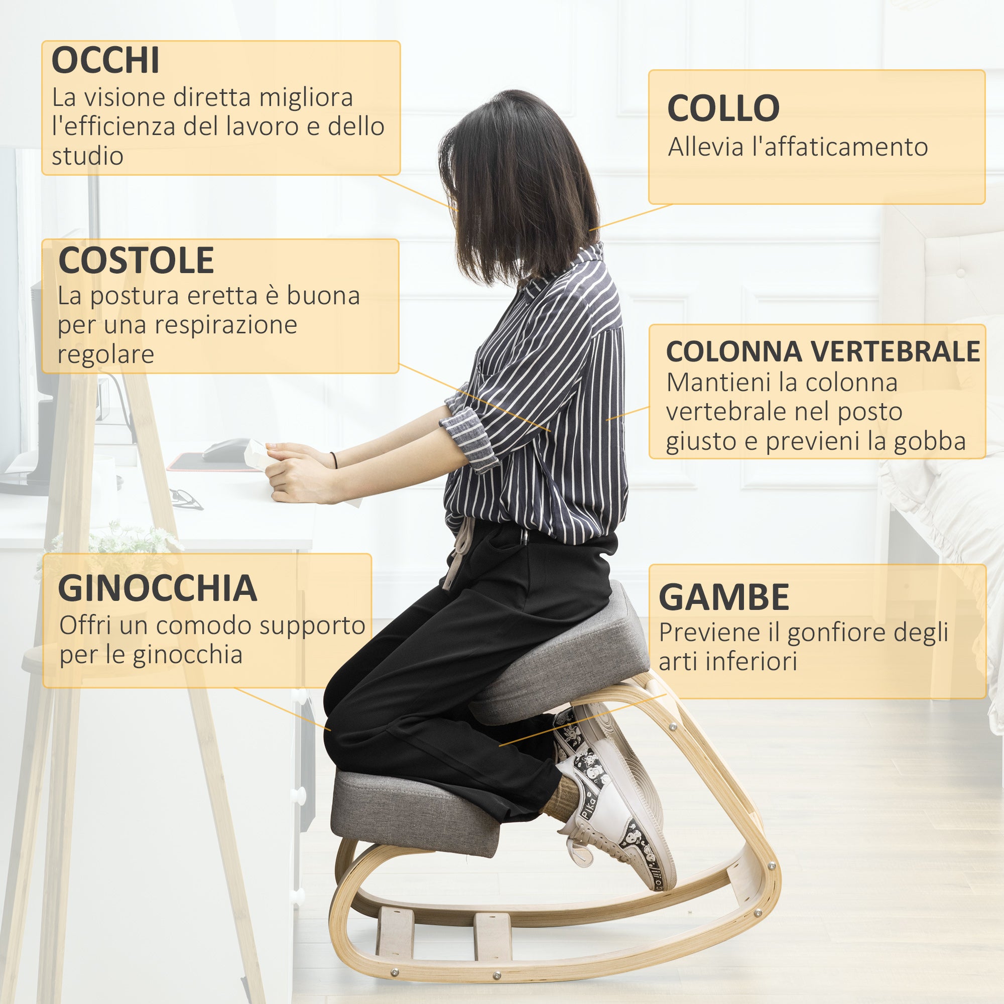 Ergonomic Kneeling Chair in Birch Wood, Posture Chair with Foam and Polyester Cushion for Home and Office, Gray