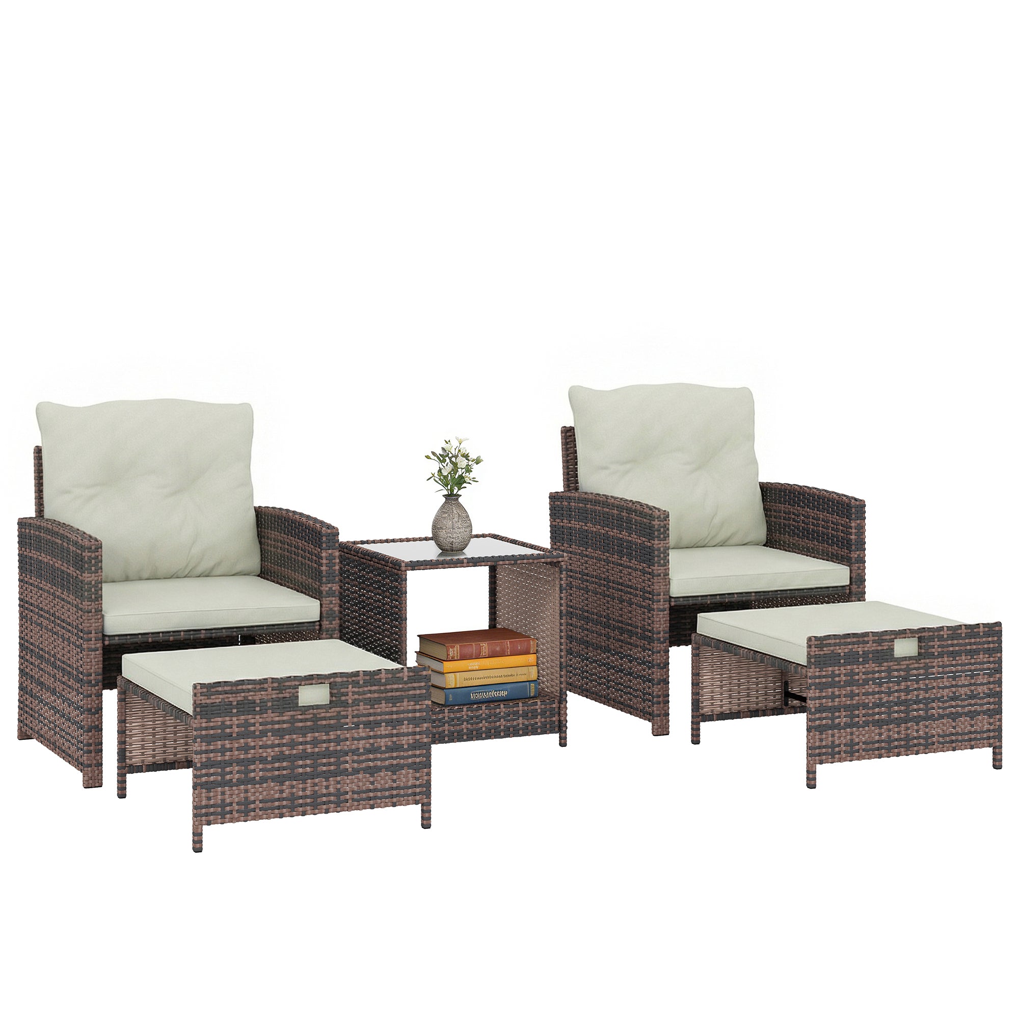 5-Piece Rattan Patio Set — 2 Space-Saving Footstools, 2 Armchairs, 2-Tier Coffee Table with Cushions — Brown/Cream