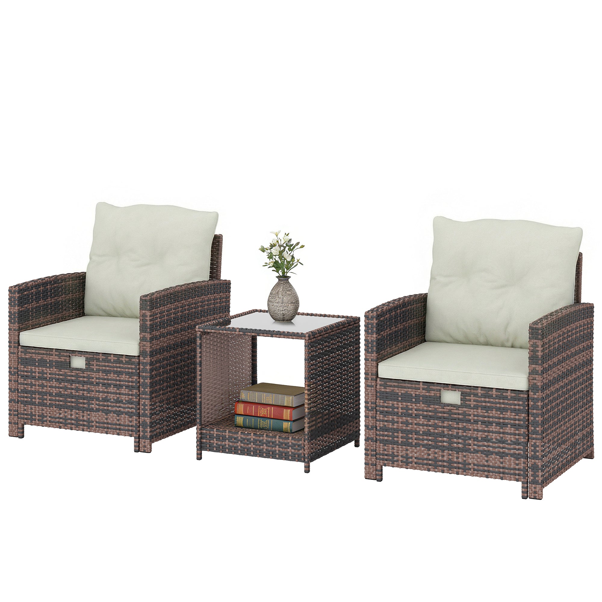 5-Piece Rattan Patio Set — 2 Space-Saving Footstools, 2 Armchairs, 2-Tier Coffee Table with Cushions — Brown/Cream