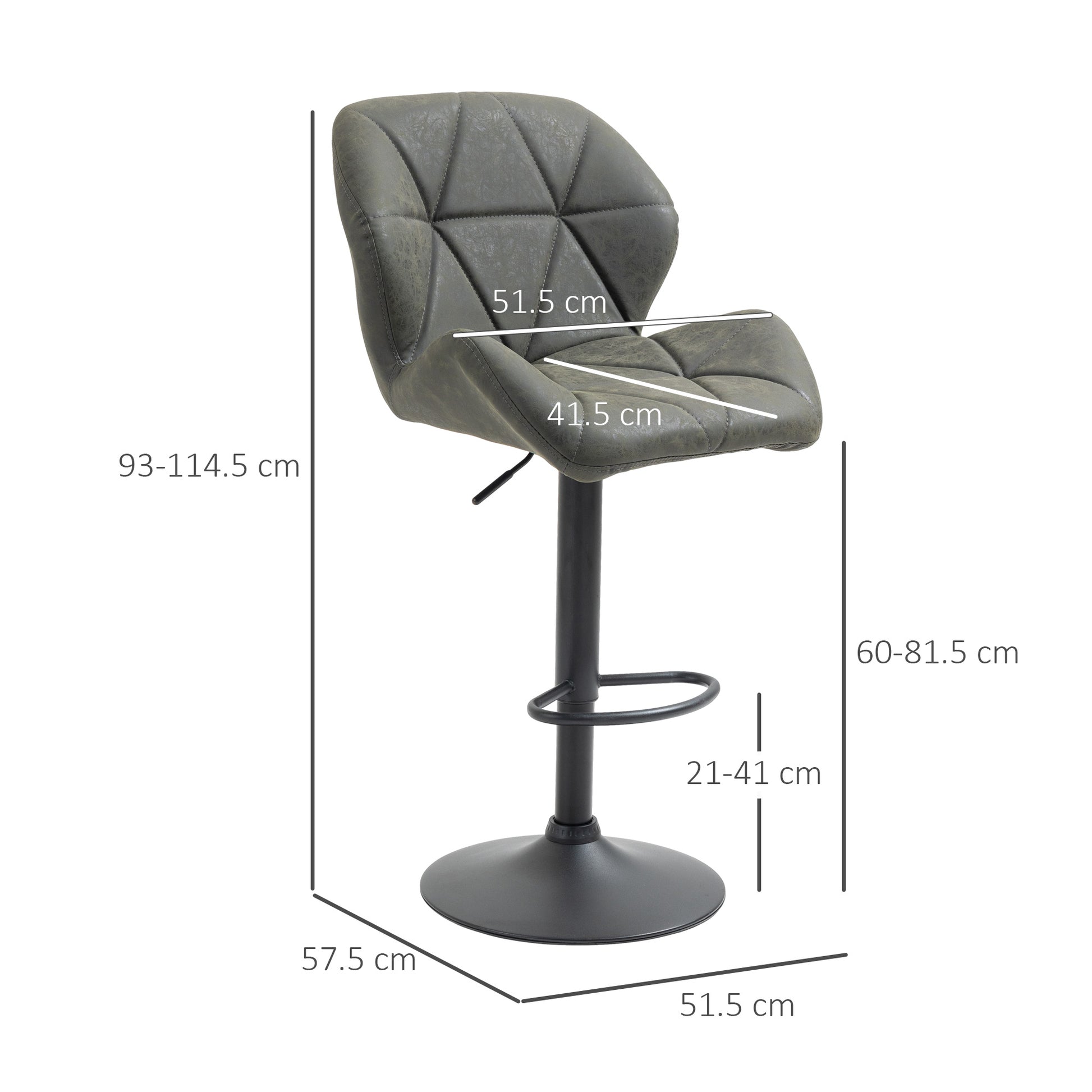 Set of 2 Bar Stools with Adjustable Height, Metal Base and Faux Leather Seat, Stools with Backrest and Footrest, 51.5x57.5x93-114.5 cm, Military Green