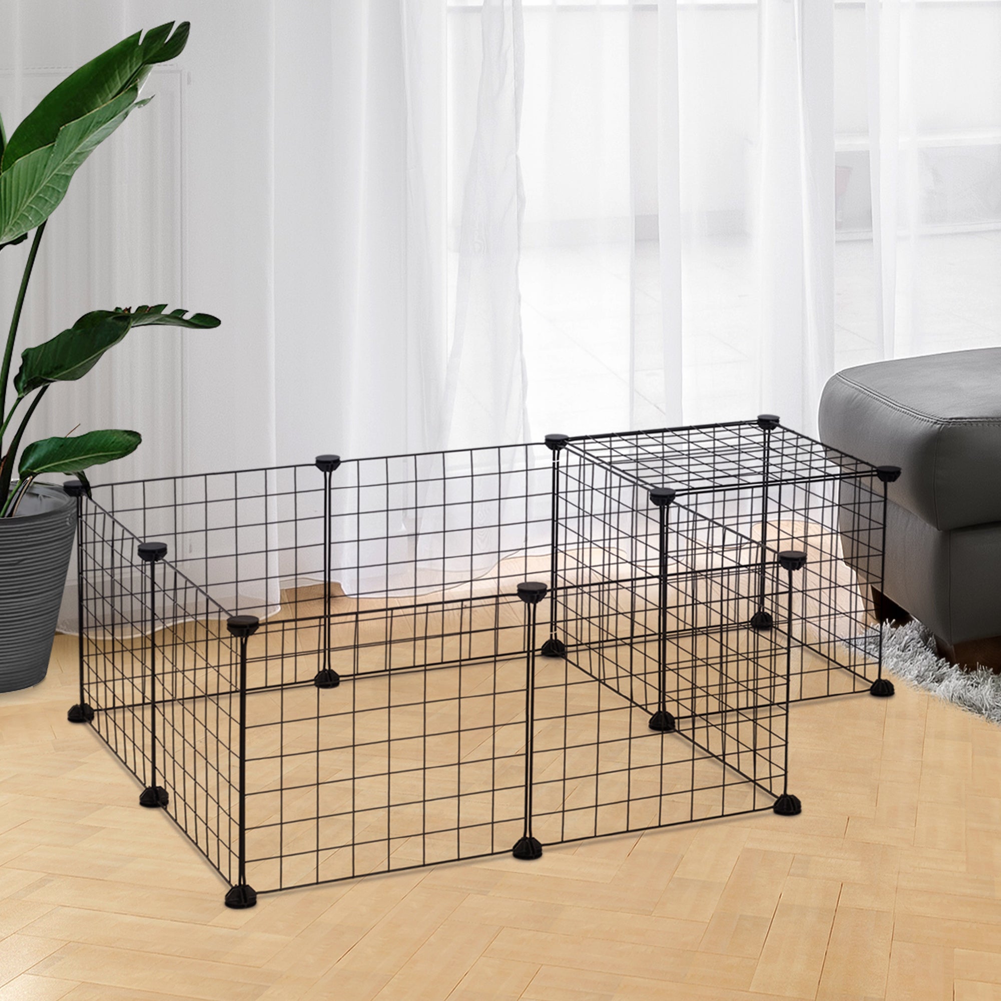 Grid Pen Playpen for Small Animals Playpen Small Animal Cage Metal Grid Flexible Adjustable Black 106 x 73 x 36 cm