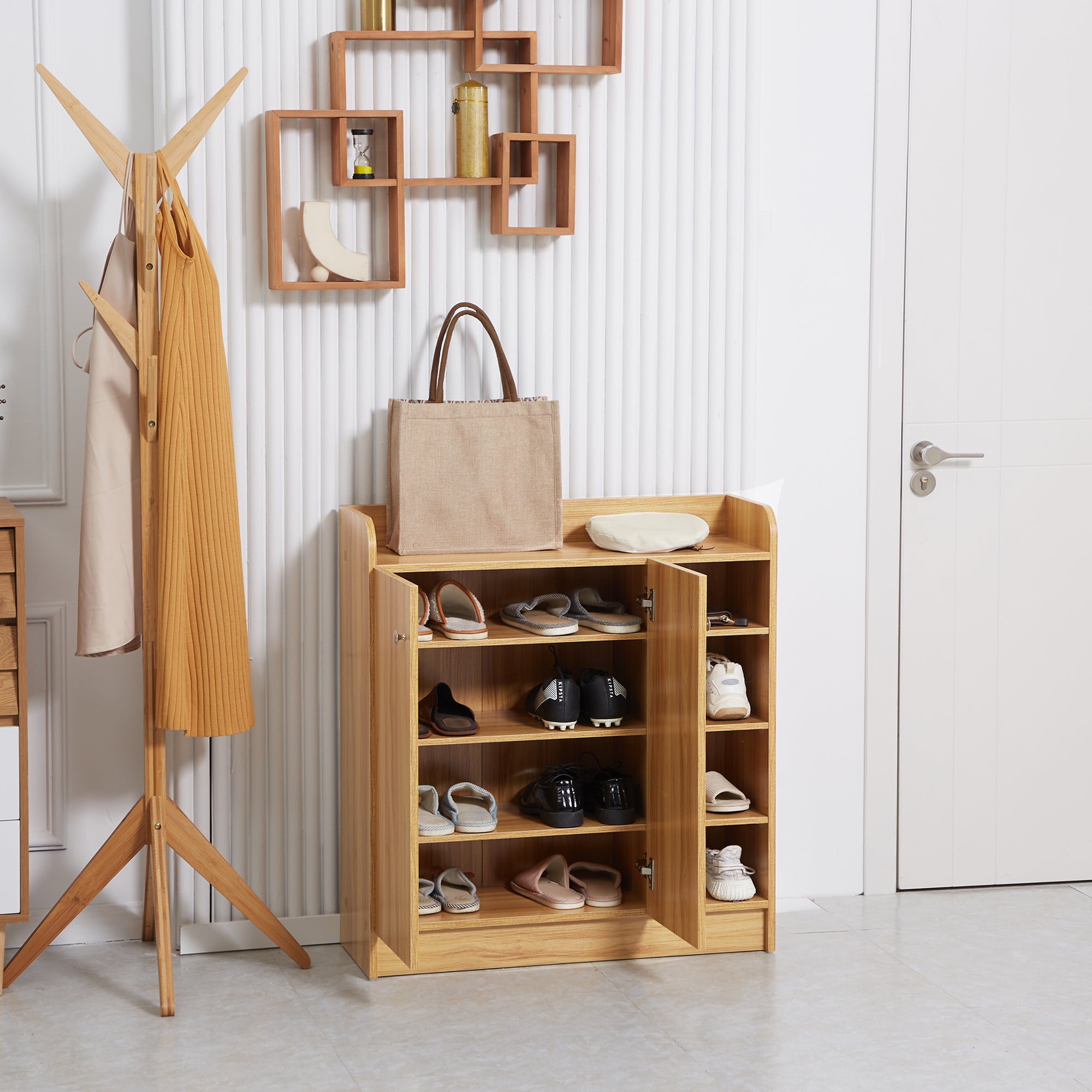 Shoe Storage Cabinet for Entryway - Shoe Cabinet with 4 Open Compartments and Double Door Closet - Adjustable Shelf - 83L x 30W x 90H cm - Brown