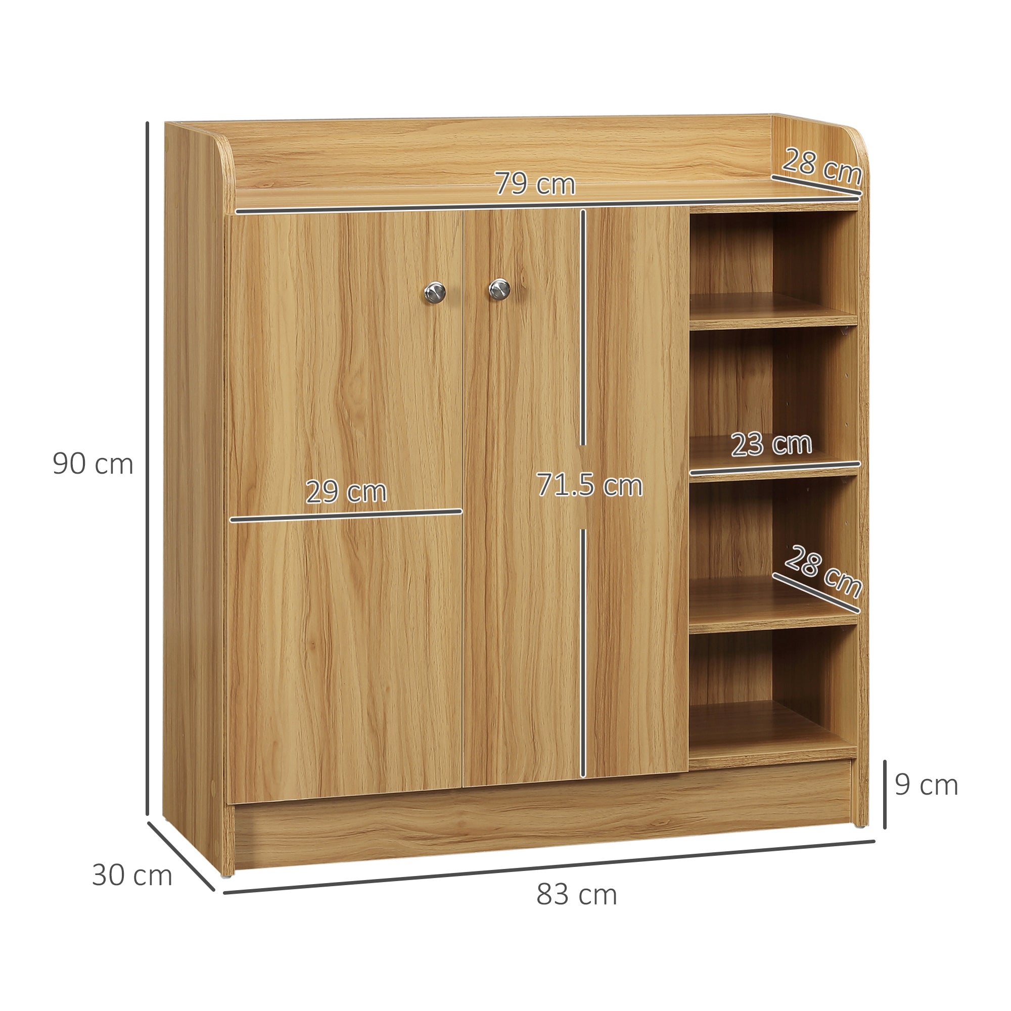Shoe Storage Cabinet for Entryway - Shoe Cabinet with 4 Open Compartments and Double Door Closet - Adjustable Shelf - 83L x 30W x 90H cm - Brown