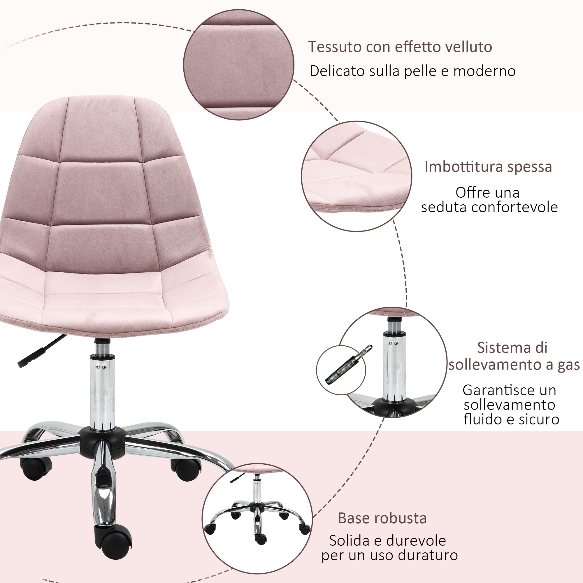 Swivel Office Chair, Ergonomic and Adjustable Design Without Armrests, Pink, 59x59x81-91cm