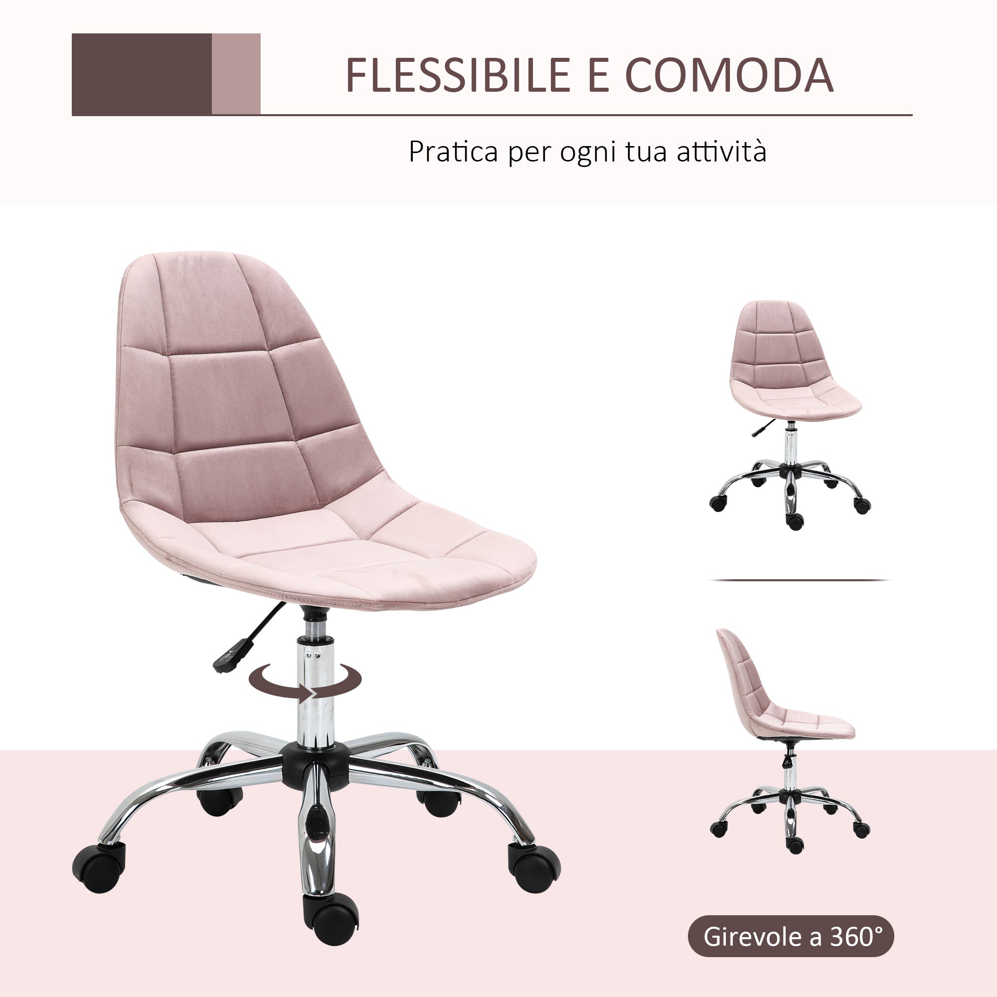 Swivel Office Chair, Ergonomic and Adjustable Design Without Armrests, Pink, 59x59x81-91cm