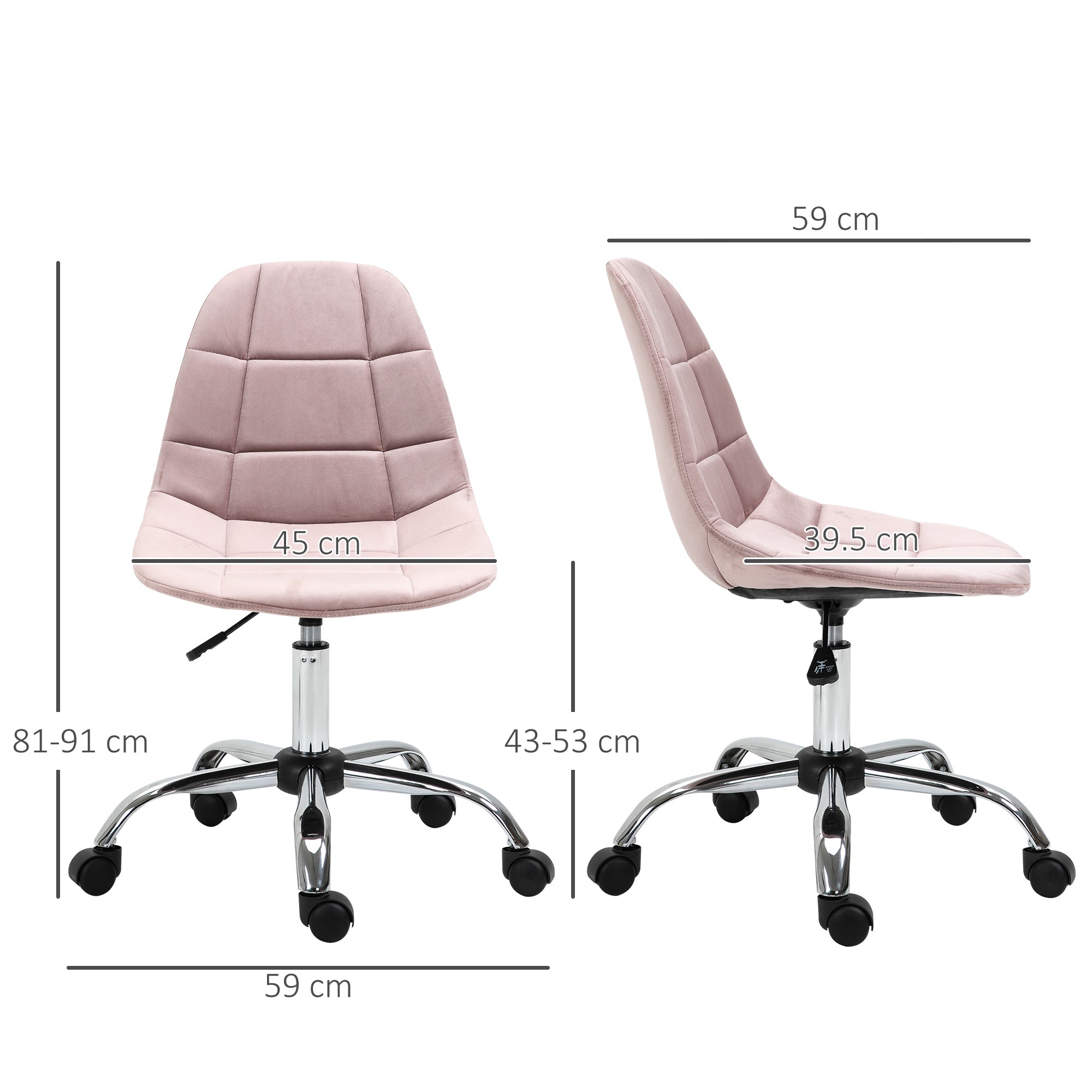 Swivel Office Chair, Ergonomic and Adjustable Design Without Armrests, Pink, 59x59x81-91cm