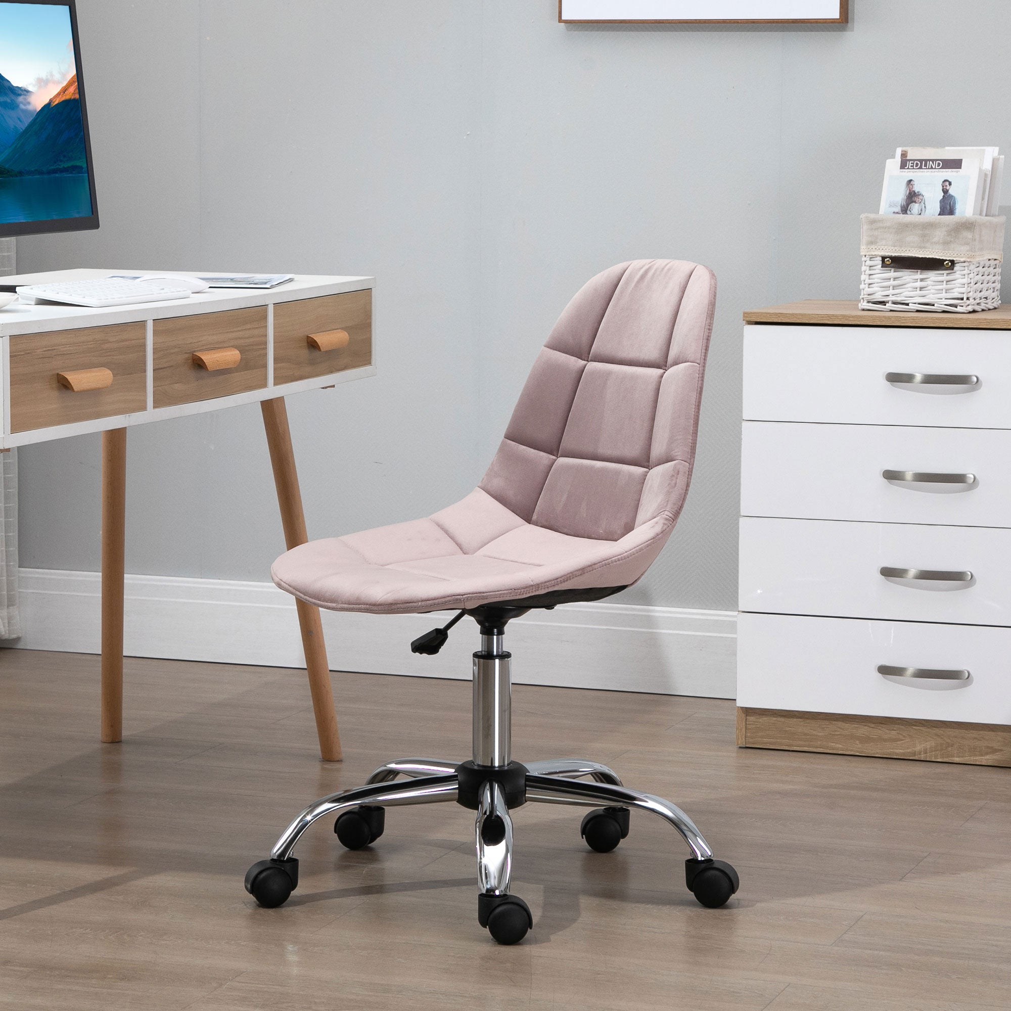 Swivel Office Chair, Ergonomic and Adjustable Design Without Armrests, Pink, 59x59x81-91cm