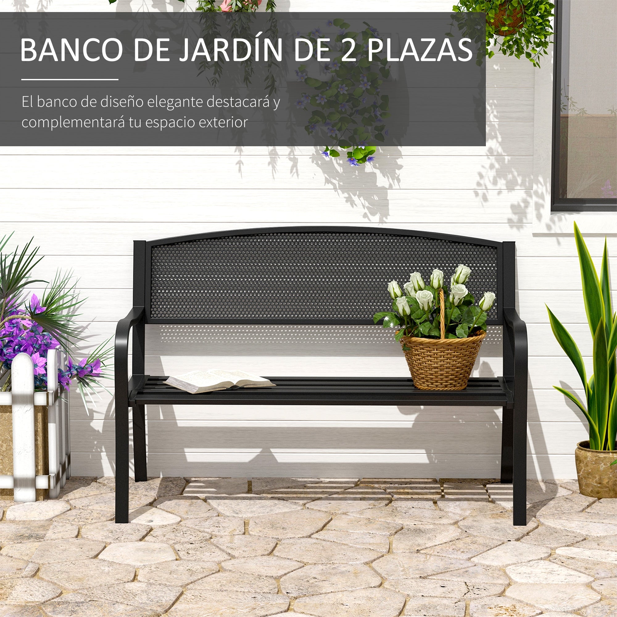 2-Seater Garden Bench Outdoor Bench with Steel Mesh Backrest Load 240 kg for Patio Terrace Balcony 127x60x87 cm Black