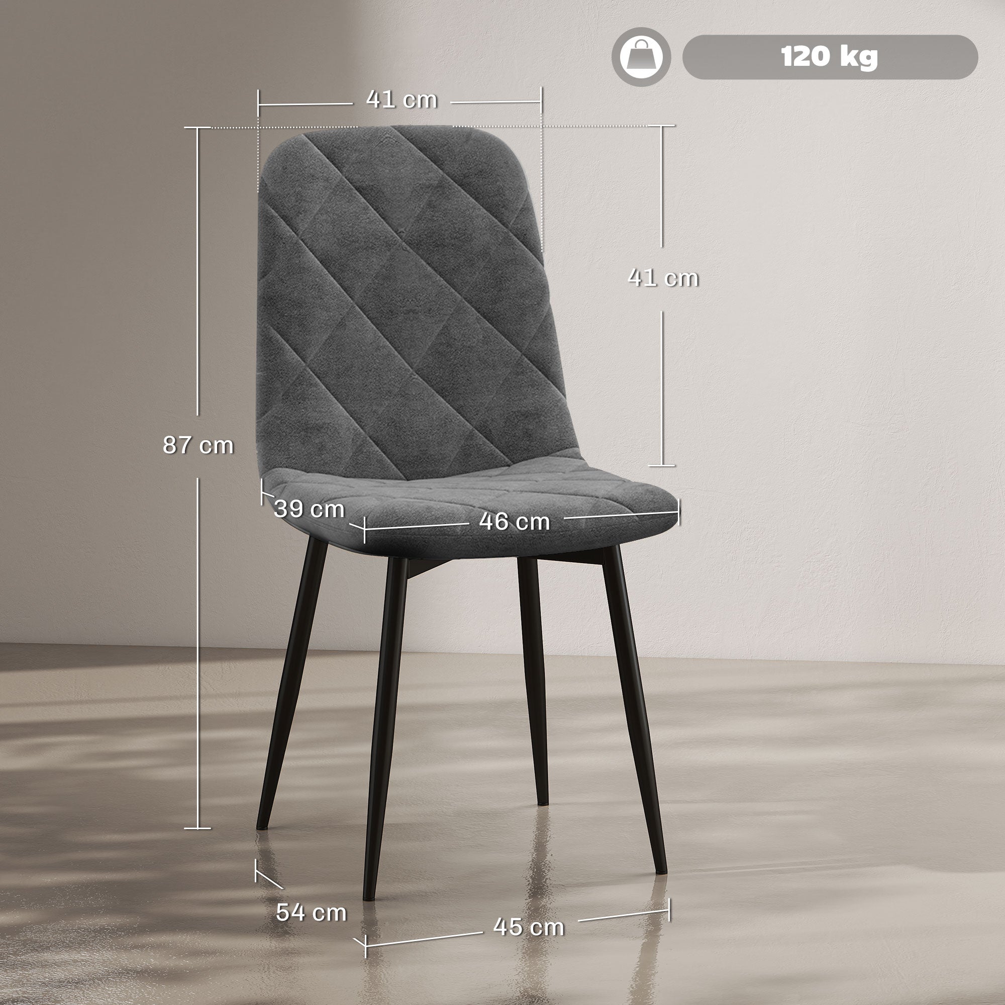 Set of 4 Modern Dining Chairs Upholstered in Velvet with Steel Legs for Living Room 45x54x87 cm Gray