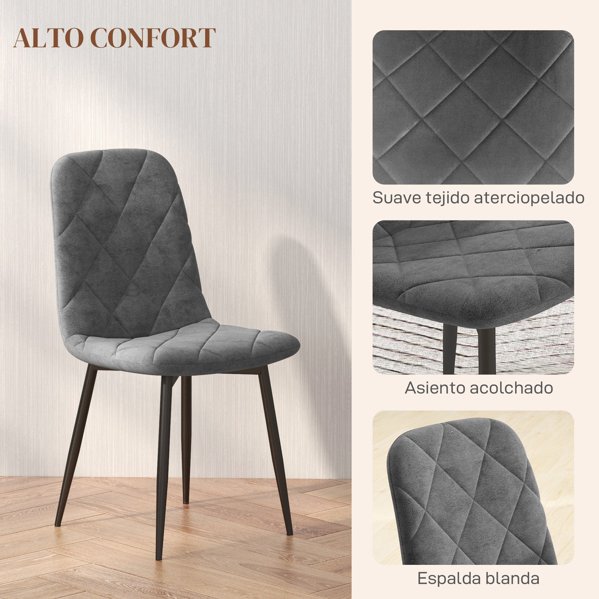 Set of 4 Modern Dining Chairs Upholstered in Velvet with Steel Legs for Living Room 45x54x87 cm Gray