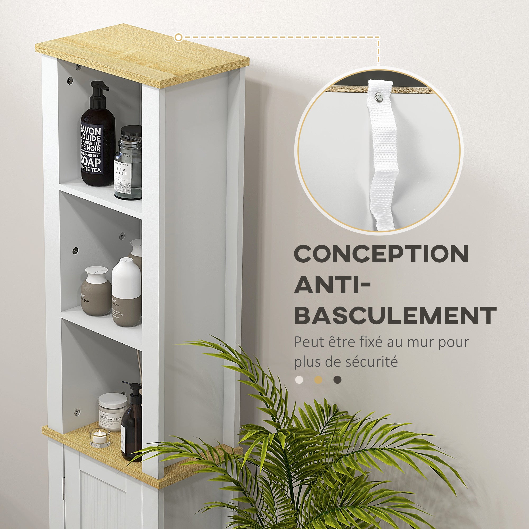 White Bathroom Column Cabinet High Toilet Cupboard with 3 Adjustable Shelves 34 x 23 x 165 cm