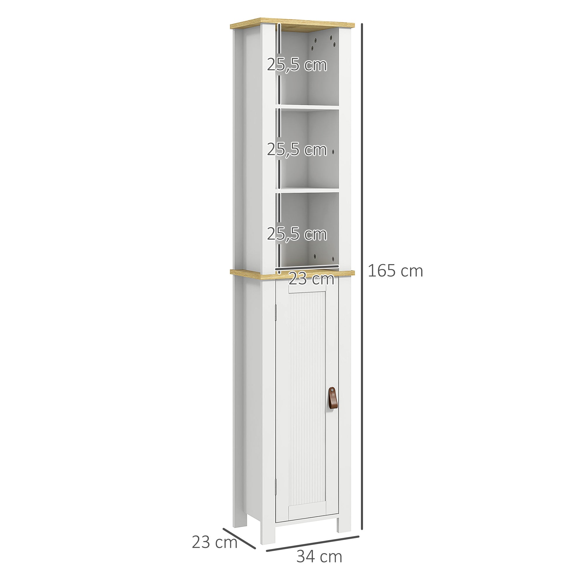 White Bathroom Column Cabinet High Toilet Cupboard with 3 Adjustable Shelves 34 x 23 x 165 cm