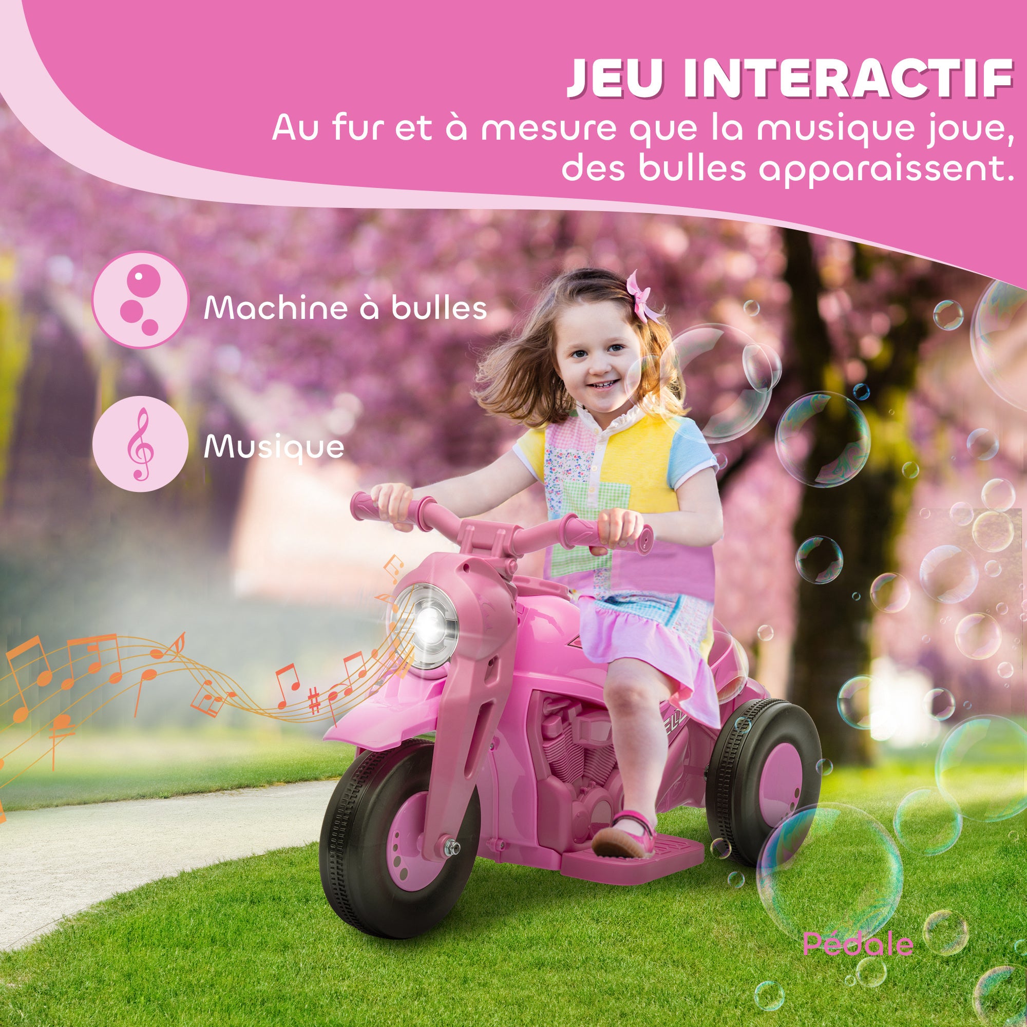 Electric Motorcycle for Kids, 3 Wheels, 6V, 3 km/h, Electric Bubble Car for Kids with Light and Sound Effects, Ages 2-5, Max Load 30 kg, Pink