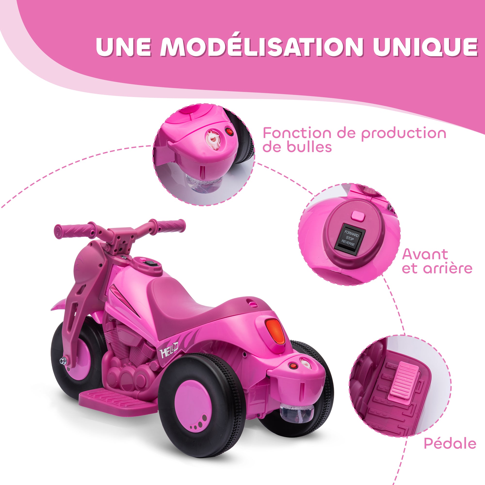 Electric Motorcycle for Kids, 3 Wheels, 6V, 3 km/h, Electric Bubble Car for Kids with Light and Sound Effects, Ages 2-5, Max Load 30 kg, Pink