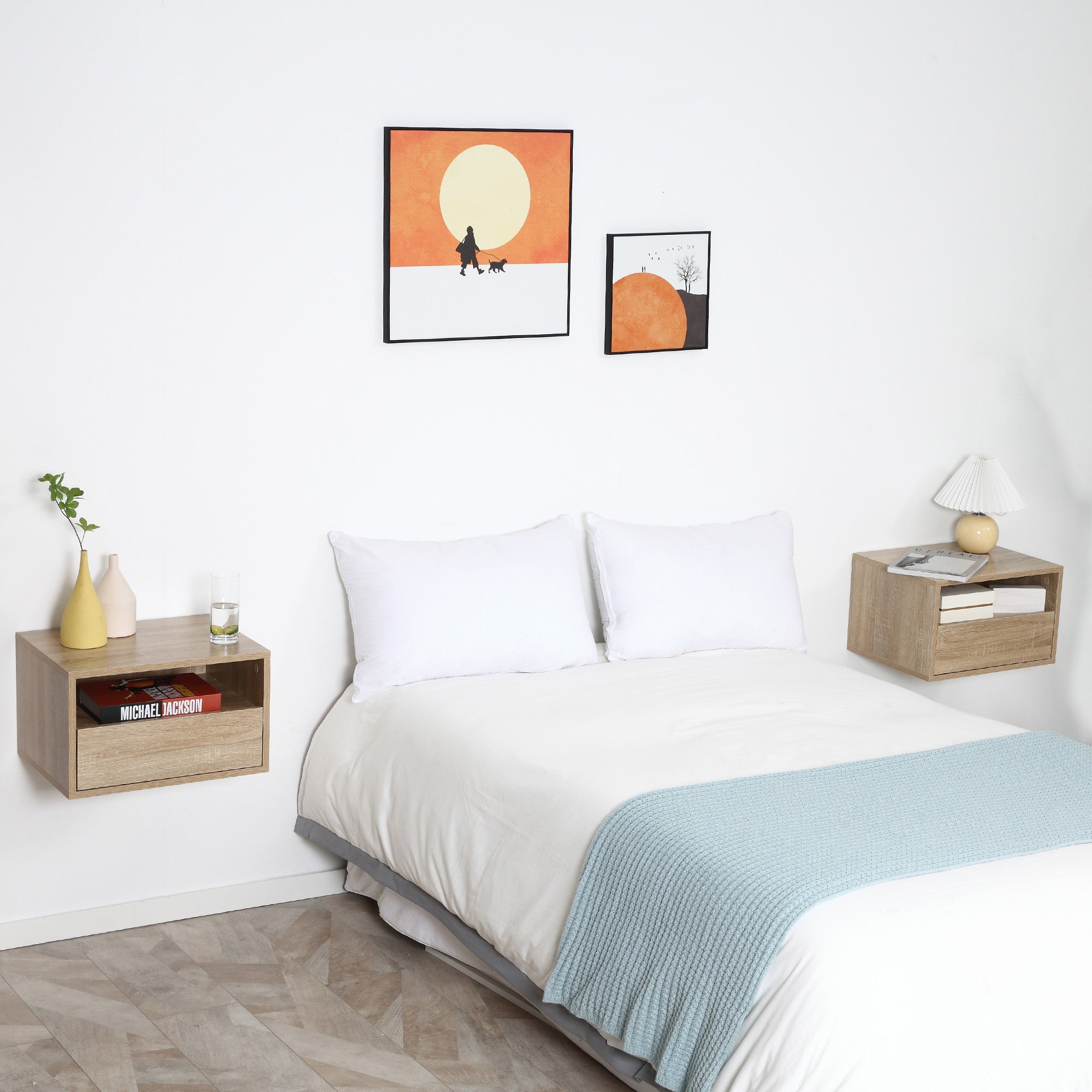 Set of 2 Wall-Mounted Bedside Tables - Set of 2 Nightstands - Sliding Drawer, Niche, Tabletop - Particle Boards Light Oak Finish