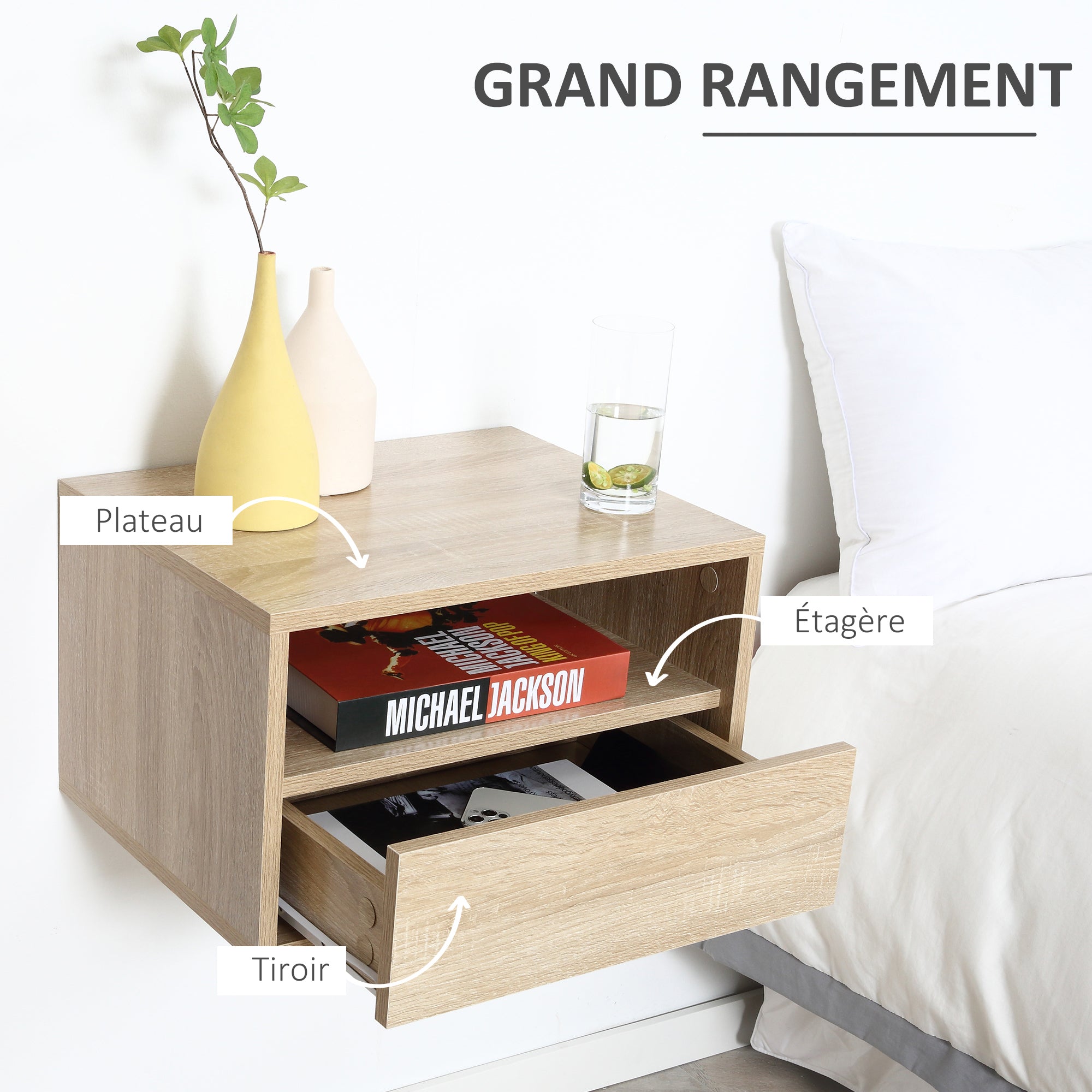 Set of 2 Wall-Mounted Bedside Tables - Set of 2 Nightstands - Sliding Drawer, Niche, Tabletop - Particle Boards Light Oak Finish