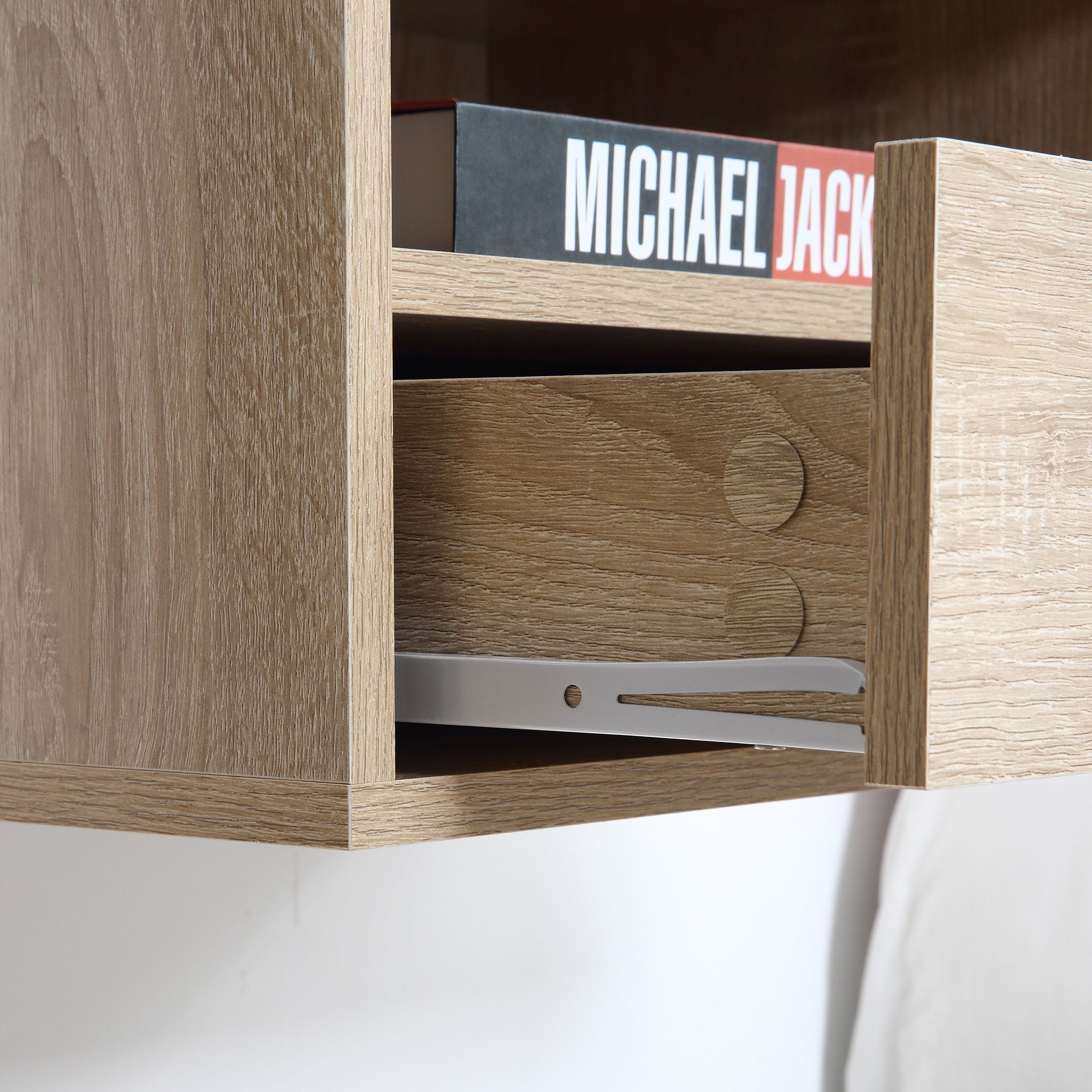 Set of 2 Wall-Mounted Bedside Tables - Set of 2 Nightstands - Sliding Drawer, Niche, Tabletop - Particle Boards Light Oak Finish