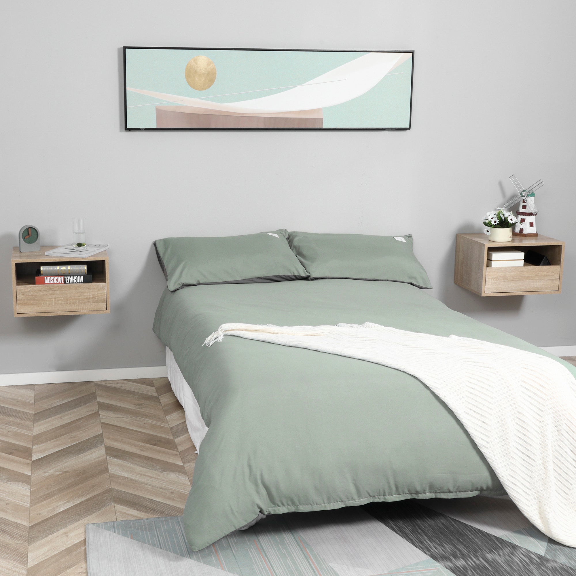 Set of 2 Wall-Mounted Bedside Tables - Set of 2 Nightstands - Sliding Drawer, Niche, Tabletop - Particle Boards Light Oak Finish