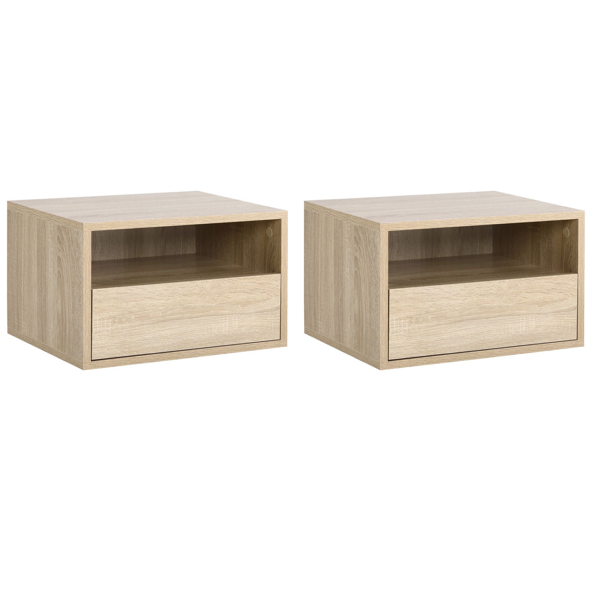 Set of 2 Wall-Mounted Bedside Tables - Set of 2 Nightstands - Sliding Drawer, Niche, Tabletop - Particle Boards Light Oak Finish