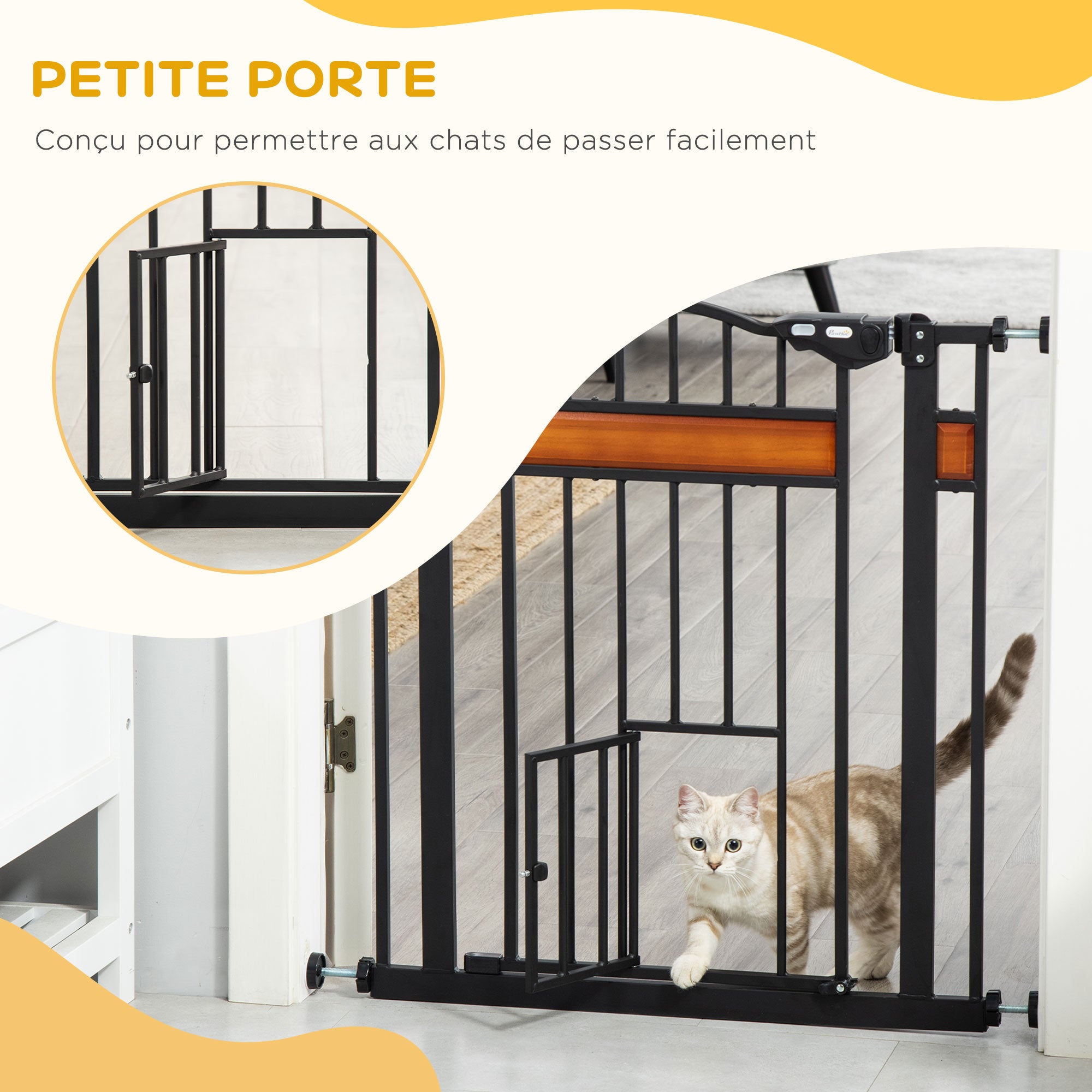 Pet Safety Barrier with Automatic Closing Door Double Locking System No Drilling from 74 to 80 cm Steel Pine Wood Black
