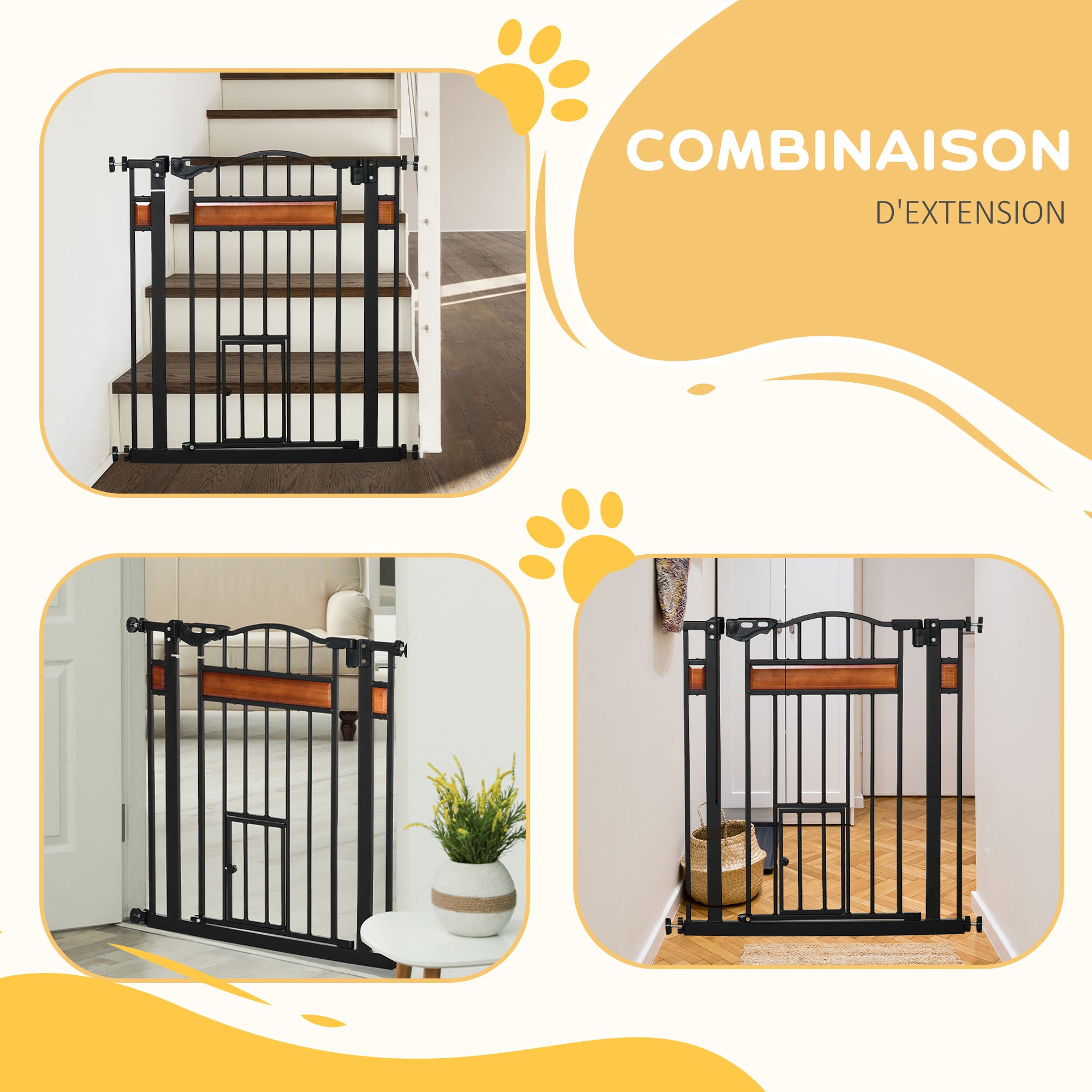 Pet Safety Barrier with Automatic Closing Door Double Locking System No Drilling from 74 to 80 cm Steel Pine Wood Black