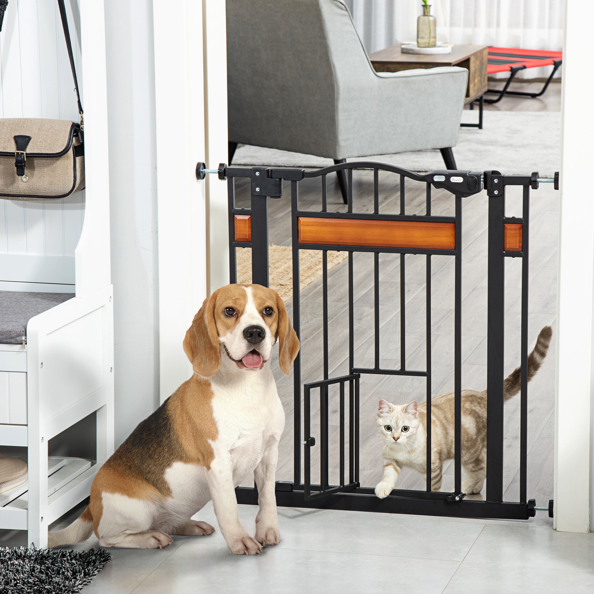 Pet Safety Barrier with Automatic Closing Door Double Locking System No Drilling from 74 to 80 cm Steel Pine Wood Black