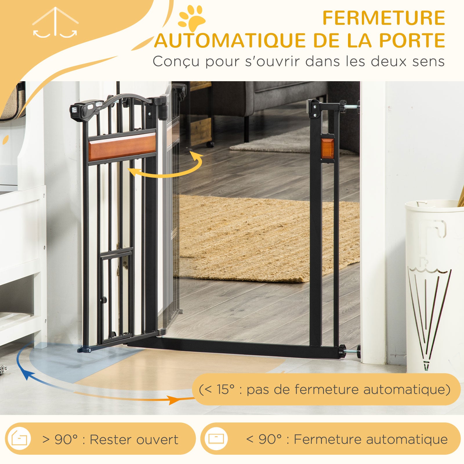 Pet Safety Barrier with Automatic Closing Door Double Locking System No Drilling from 74 to 80 cm Steel Pine Wood Black