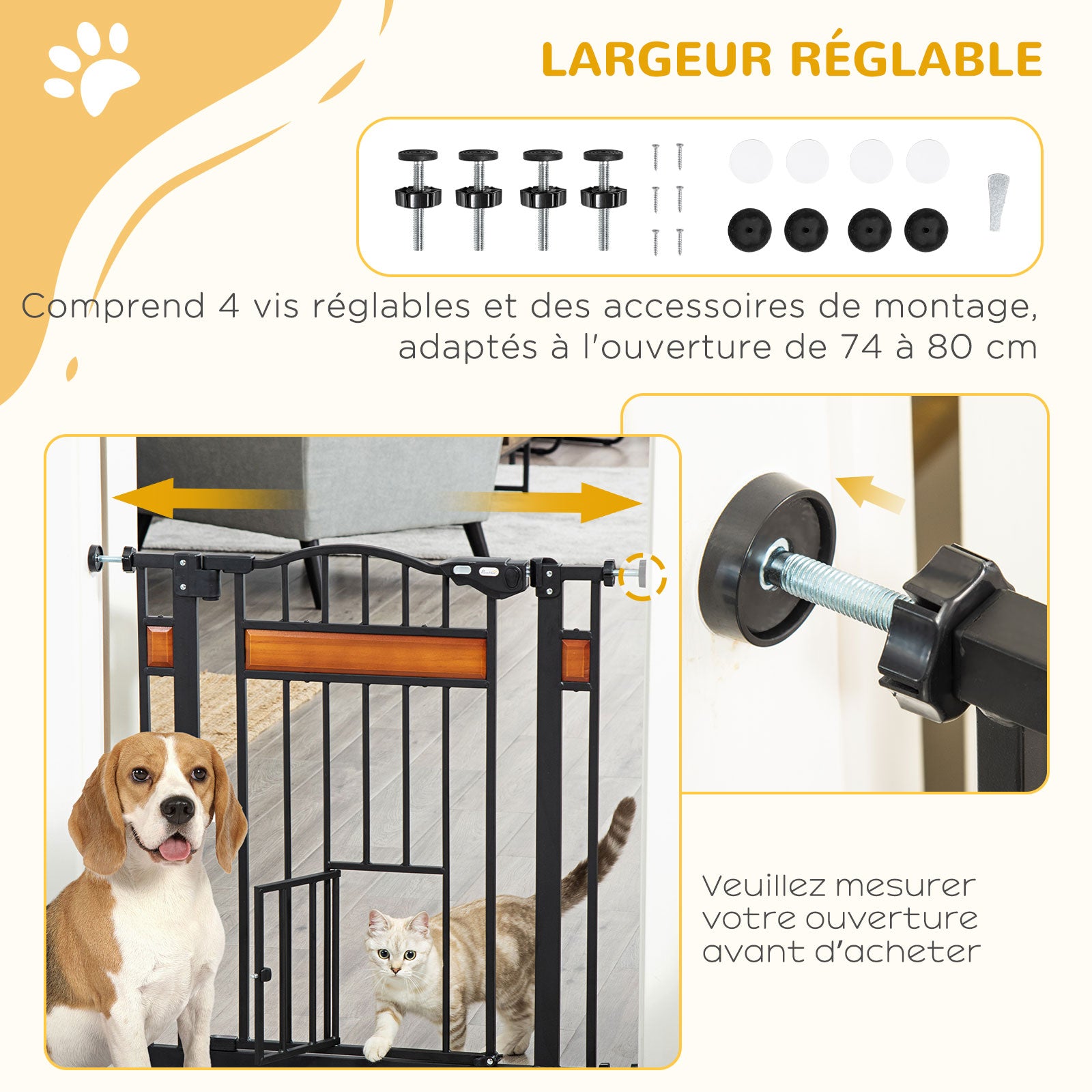Pet Safety Barrier with Automatic Closing Door Double Locking System No Drilling from 74 to 80 cm Steel Pine Wood Black