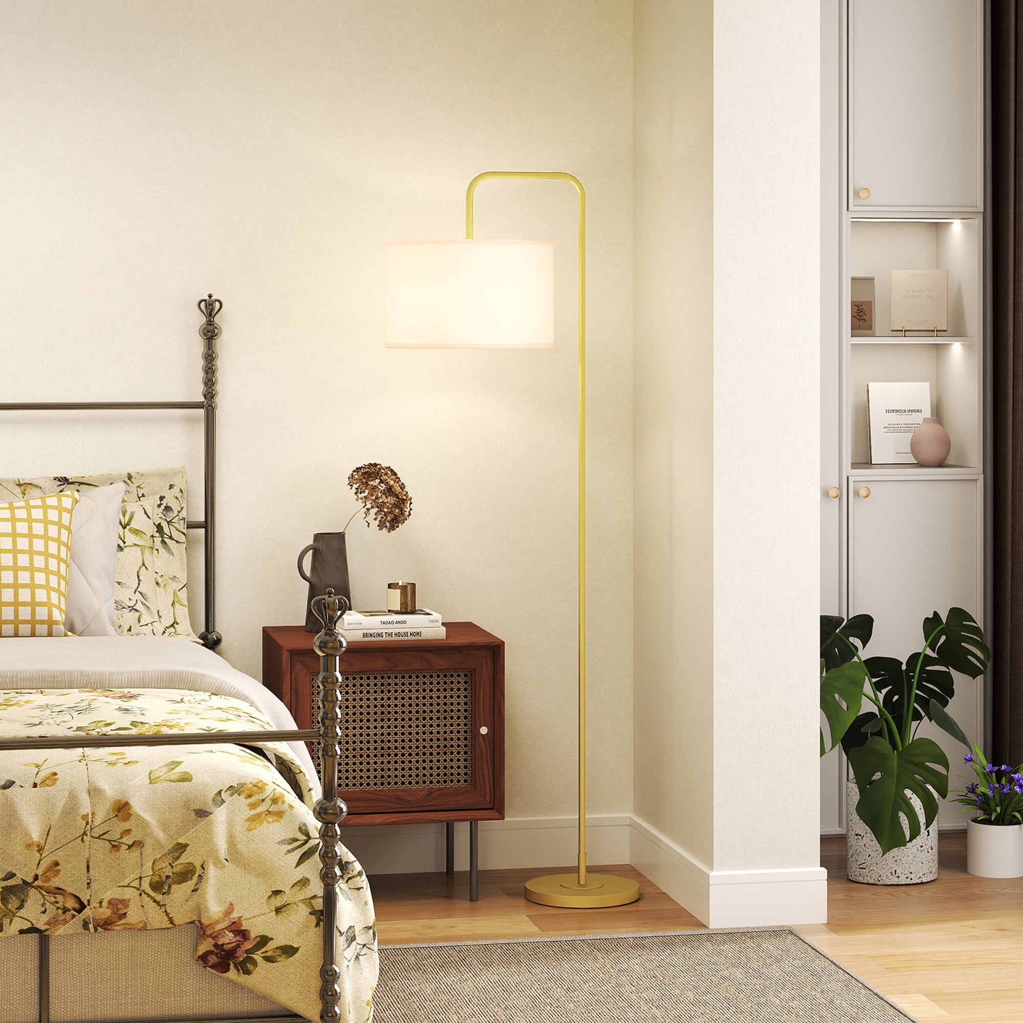 Modern Style Floor Lamp Floor Lamp with Linen Lampshade and Switch for Living Room and Bedroom 163.5 cm Gold and White