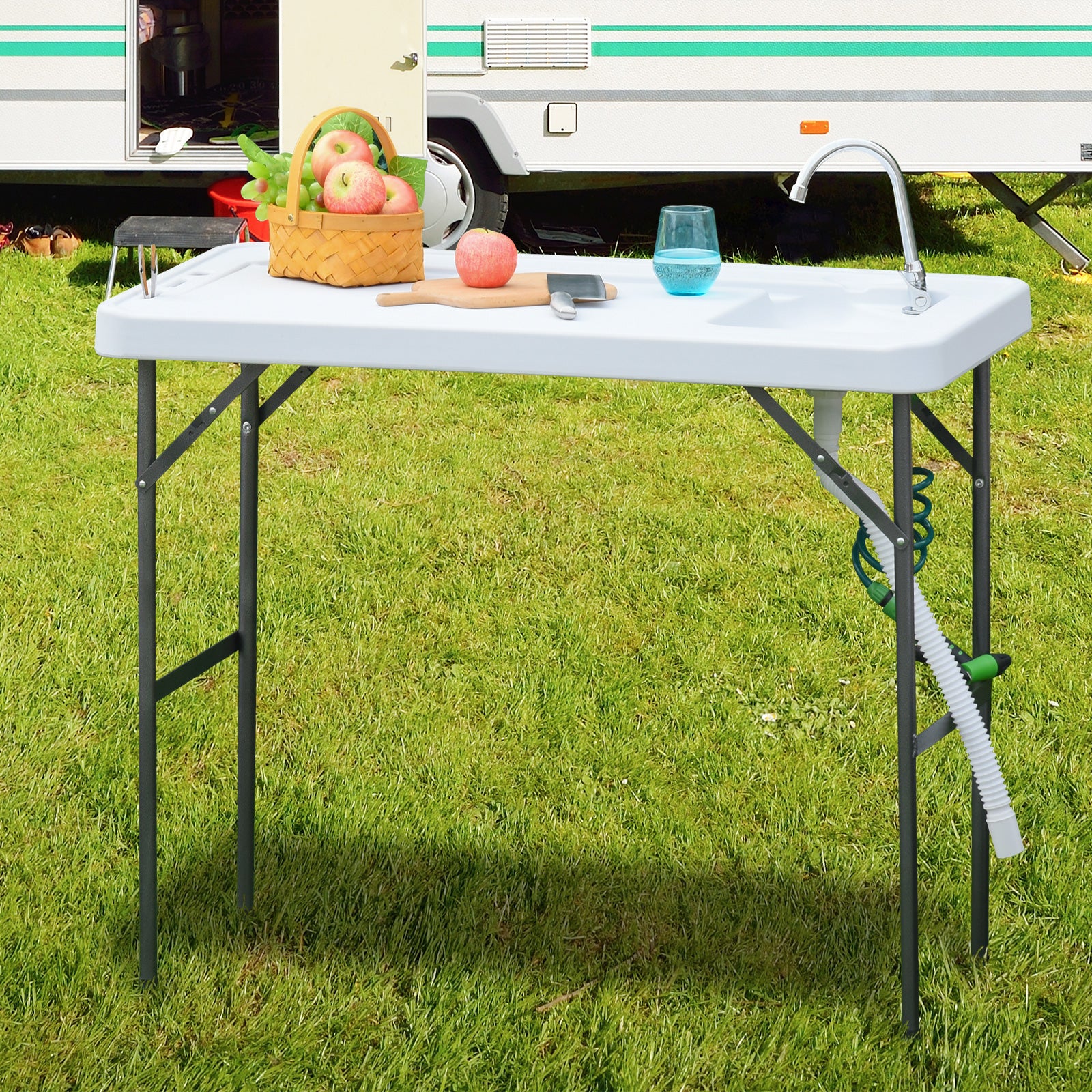 Folding Picnic Table with Multifunctional Sink Faucet and Extendable Water Gun for Balcony Garden Camping BBQ Outdoor Metal 114.5x59x94.5 cm White