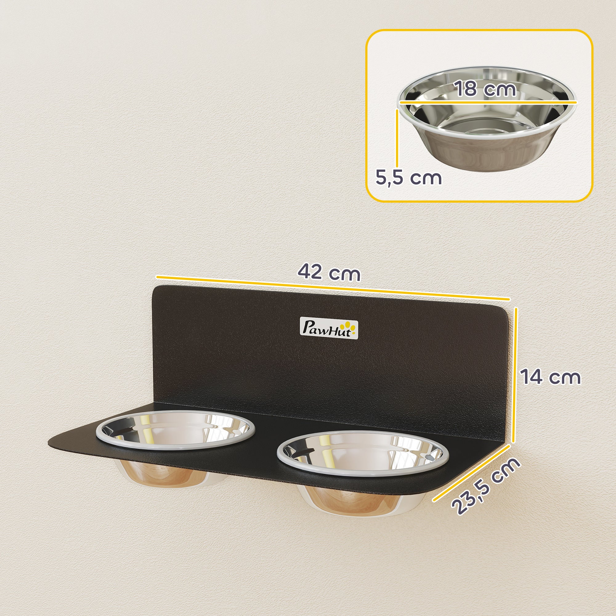 Wall-Mounted Adjustable Dog Feeder — 2 x 27 fl oz Stainless Steel Bowls, Black