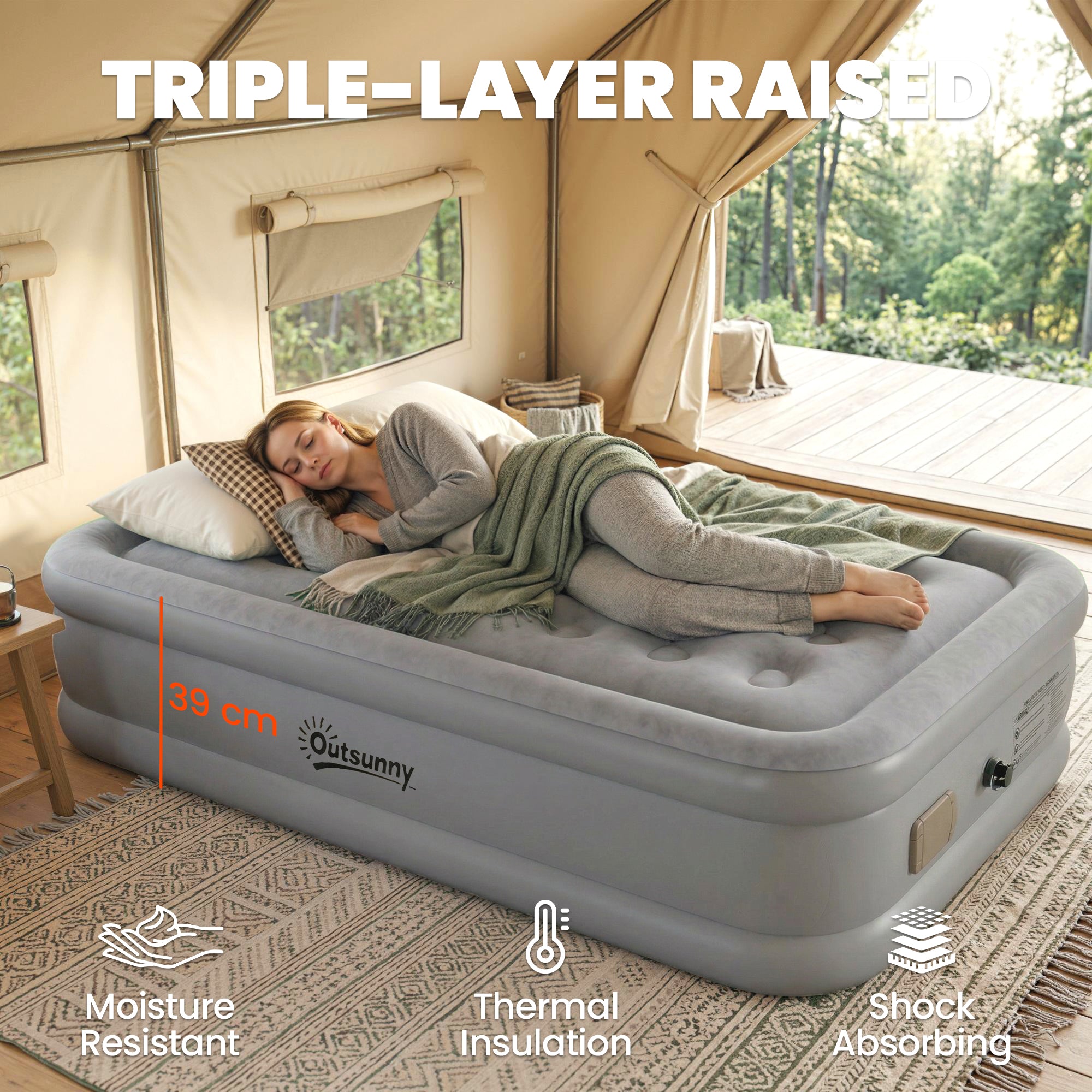 Self-Inflating Single Air Mattress with Built-In Electric Pump — Inflates in 3 Minutes, Flocked Surface, Waterproof Portable Guest Bed for Camping & Home (190 x 97 x 39 cm)