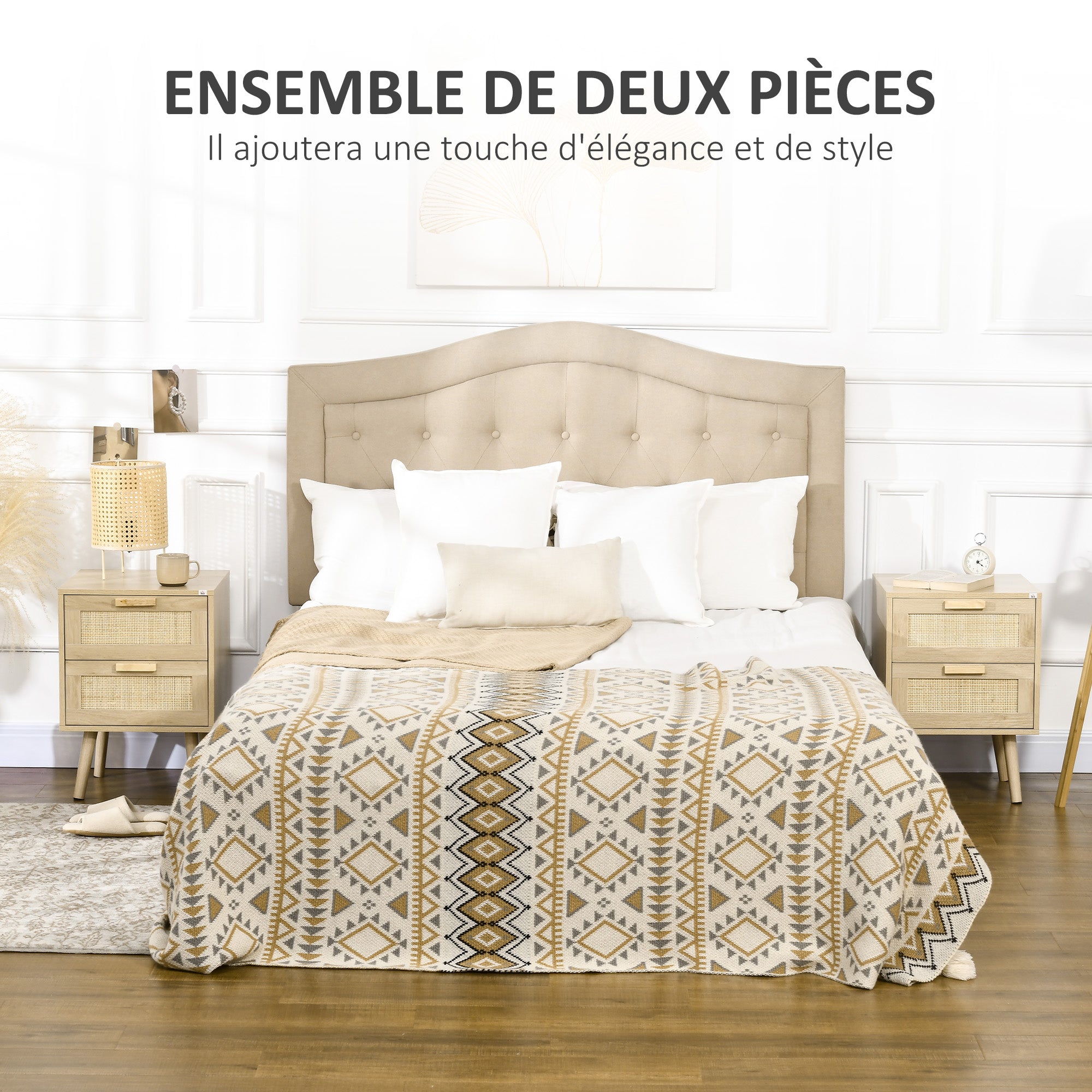 Set of 2 Bedside Tables, Side Tables, 2 Drawers with Rattan-Style Fronts, Bohemian Style, Nightstands, Natural Pine Wood Legs