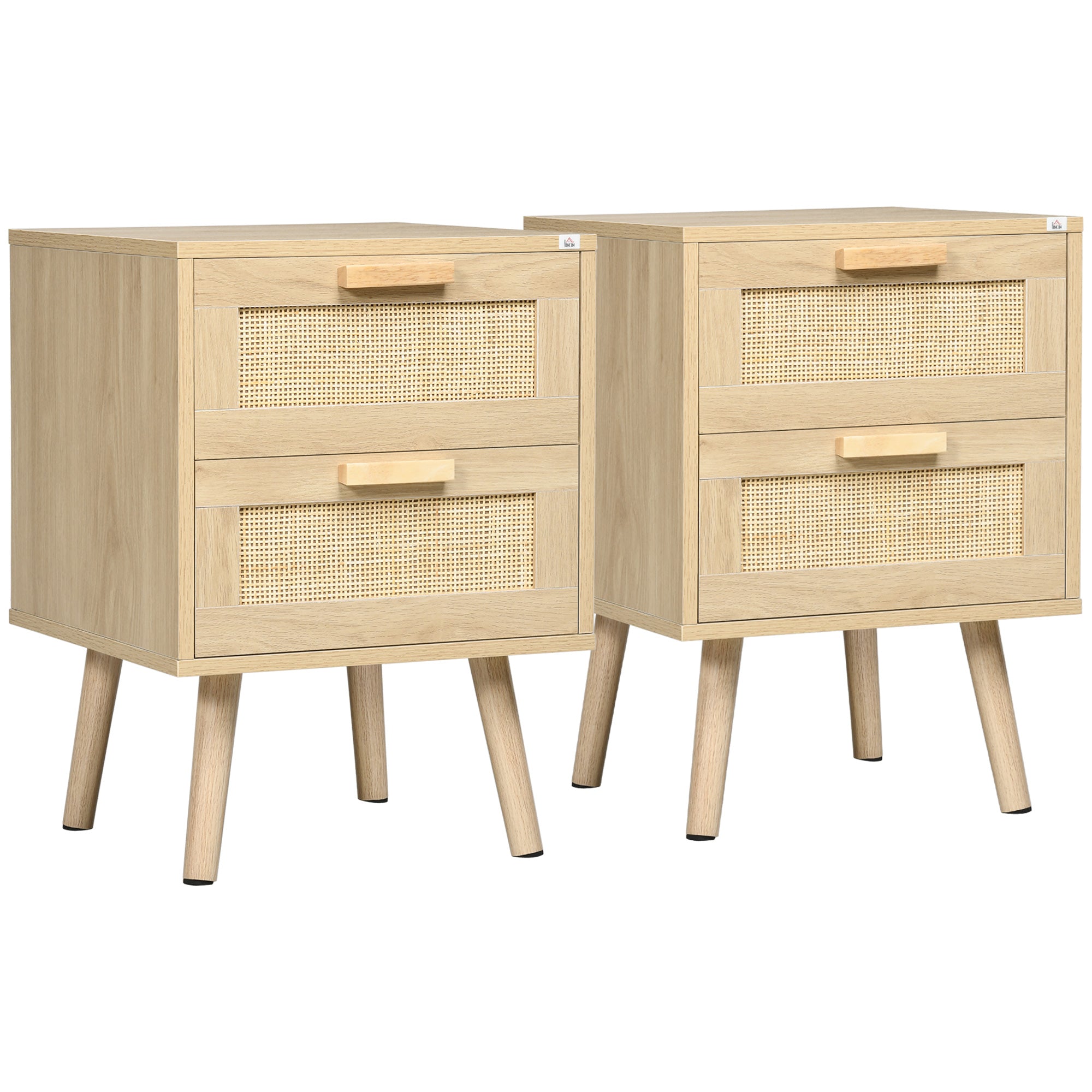 Set of 2 Bedside Tables, Side Tables, 2 Drawers with Rattan-Style Fronts, Bohemian Style, Nightstands, Natural Pine Wood Legs