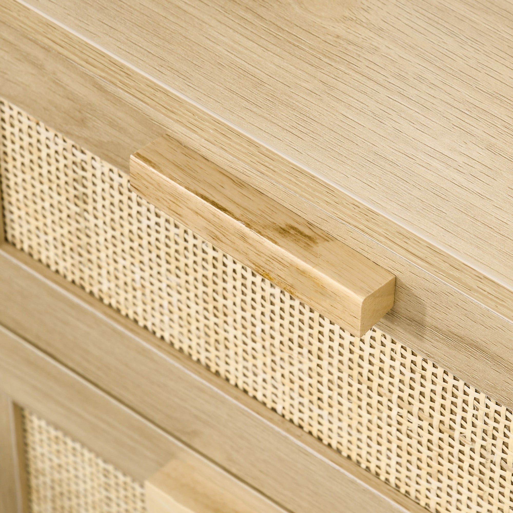 Set of 2 Bedside Tables, Side Tables, 2 Drawers with Rattan-Style Fronts, Bohemian Style, Nightstands, Natural Pine Wood Legs