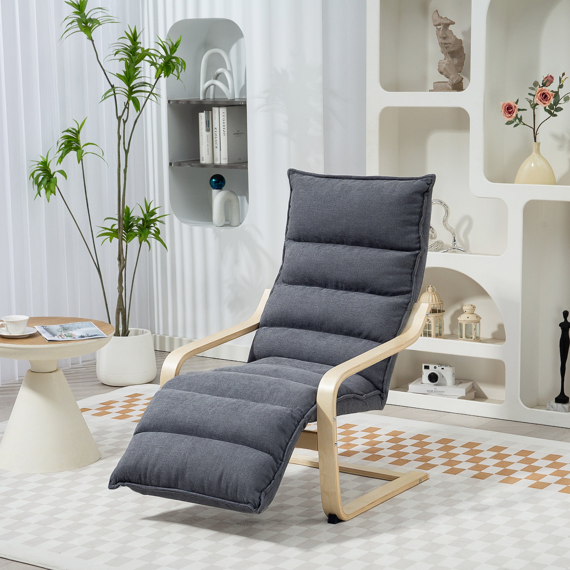Dark Grey Wooden Bedroom Relax Armchair with Velvet Upholstery, Adjustable Footrest, Modern Design for Living Room and Lounge