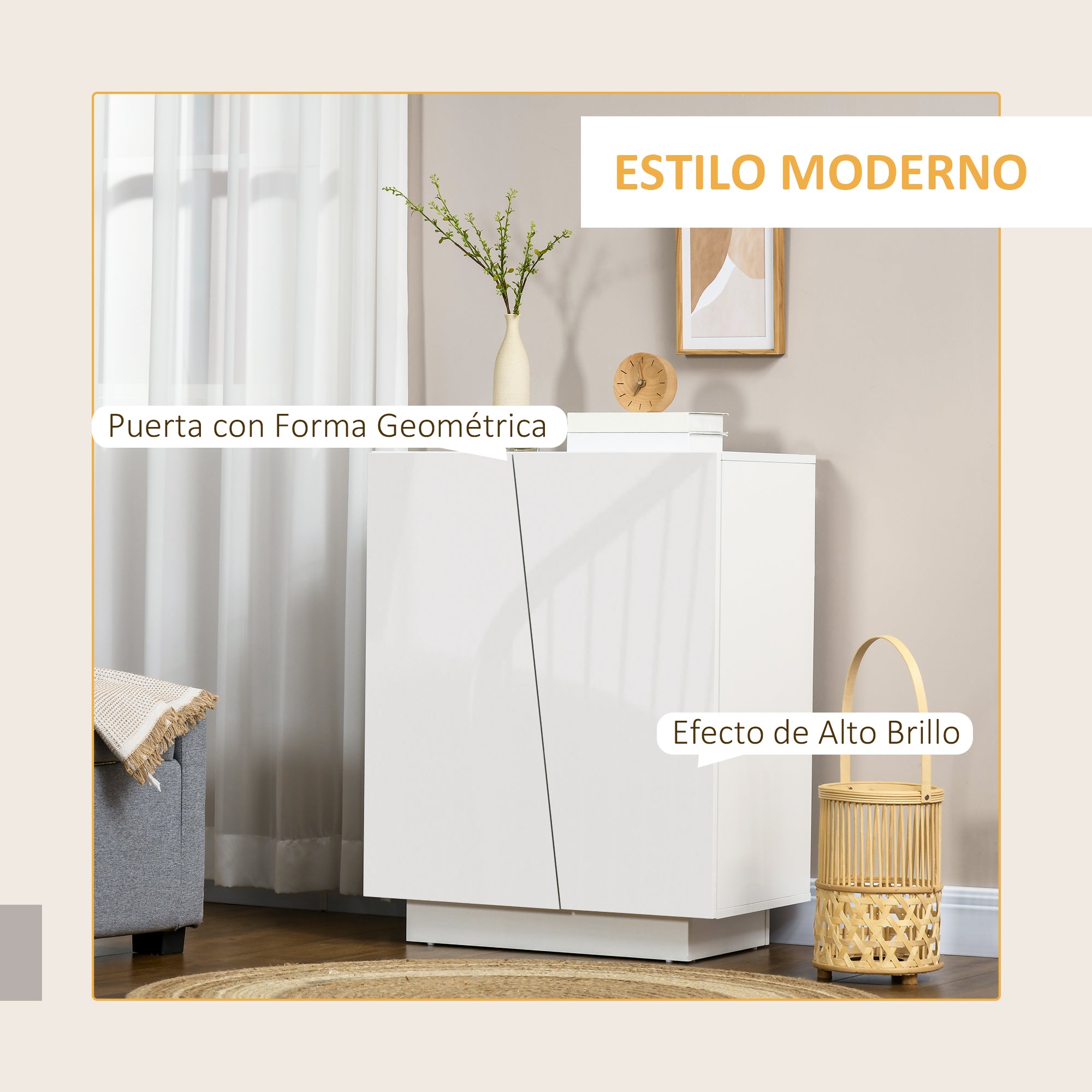 White Living Room Sideboard with 2 High Gloss Doors and Adjustable Shelves for Bedroom Kitchen Dining Room Hallway 70x40x88 cm