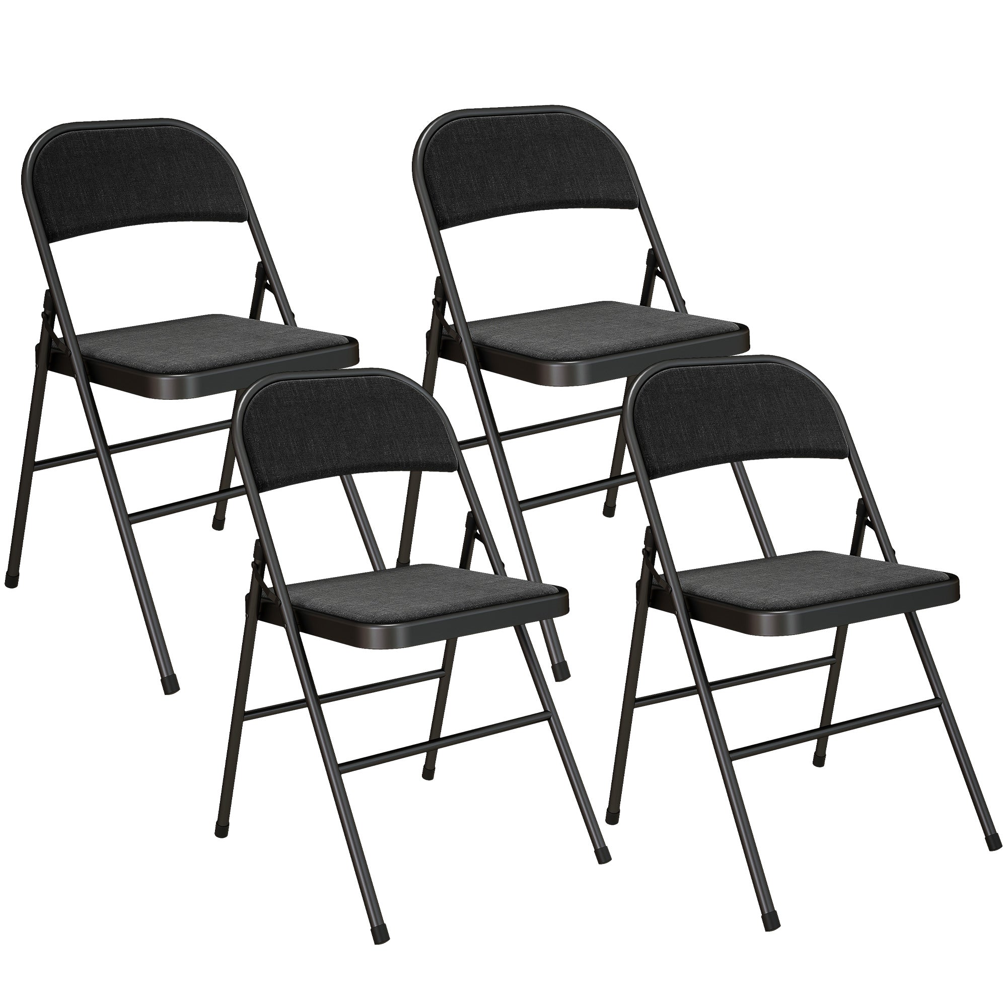 Set of 4 Folding Chairs, Portable Office Chairs with Cushions, Linen Look, Steel Legs, Foldable Chair for Office Reception Waiting Room, Black