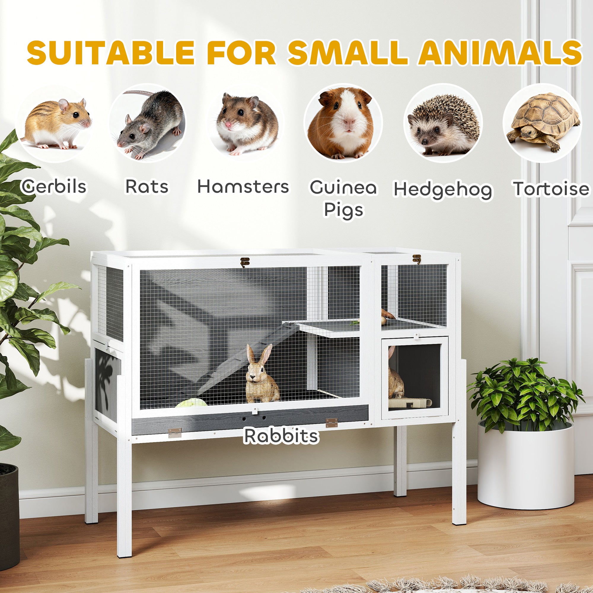 Convertible Wooden Rabbit Hutch with Ramp, 120 x 53 x 93 cm (47.2 x 20.9 x 36.6 in) – Indoor Small Pet Hutch with Nesting Area, Removable Tray, White & Gray