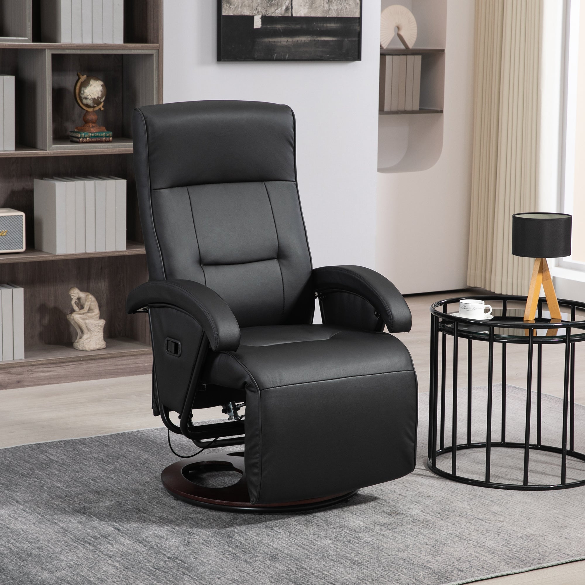 Reclining Armchair Swivel TV Chair with Recline Function, Recliner TV Chair with Adjustable Backrest, Footrest, Lounge Chair for Living Room, Faux Leather, Black