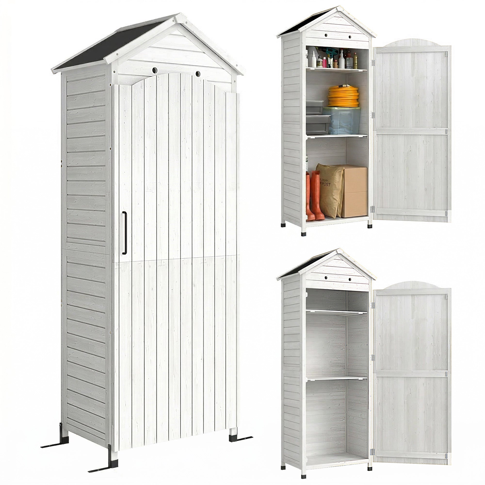 Tall Pine Garden Storage Cabinet with Adjustable Shelves, Magnetic Door & Galvanized Roof, 85 x 58 x 213 cm (33.5 x 22.8 x 84 in) — White