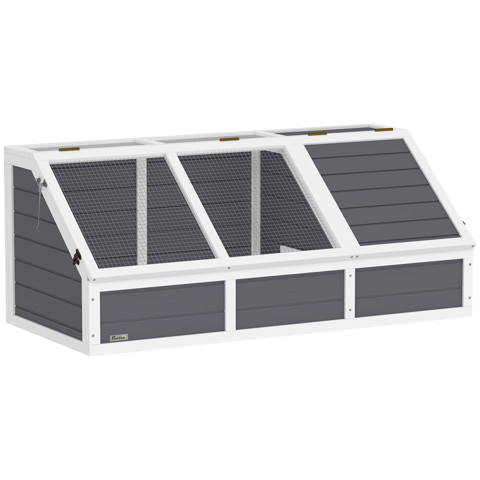 Unpaved Land Tortoise House with Openable Panel and 2 Separate Spaces, Made of Fir Wood and Galvanized Steel, 120x55x50H cm, Light Gray and White