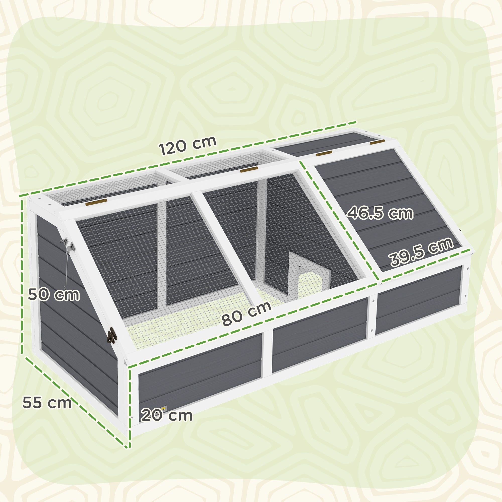 Unpaved Land Tortoise House with Openable Panel and 2 Separate Spaces, Made of Fir Wood and Galvanized Steel, 120x55x50H cm, Light Gray and White