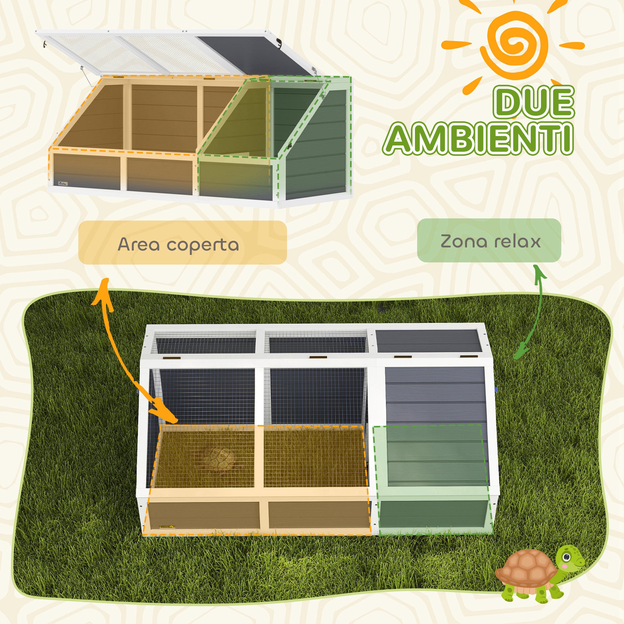 Unpaved Land Tortoise House with Openable Panel and 2 Separate Spaces, Made of Fir Wood and Galvanized Steel, 120x55x50H cm, Light Gray and White