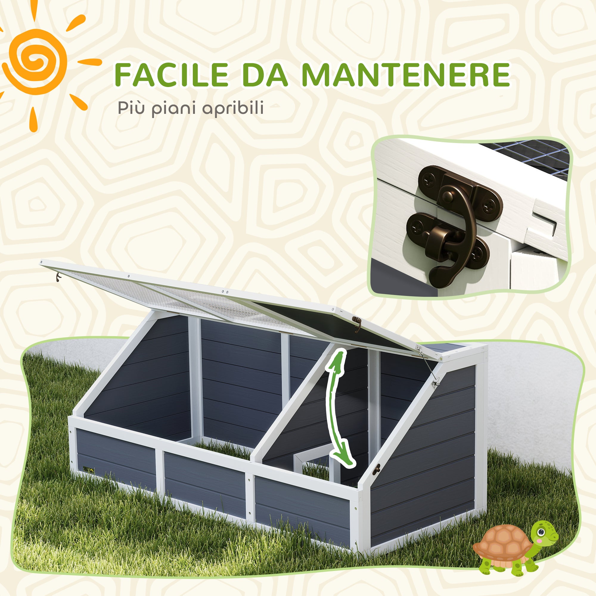 Unpaved Land Tortoise House with Openable Panel and 2 Separate Spaces, Made of Fir Wood and Galvanized Steel, 120x55x50H cm, Light Gray and White