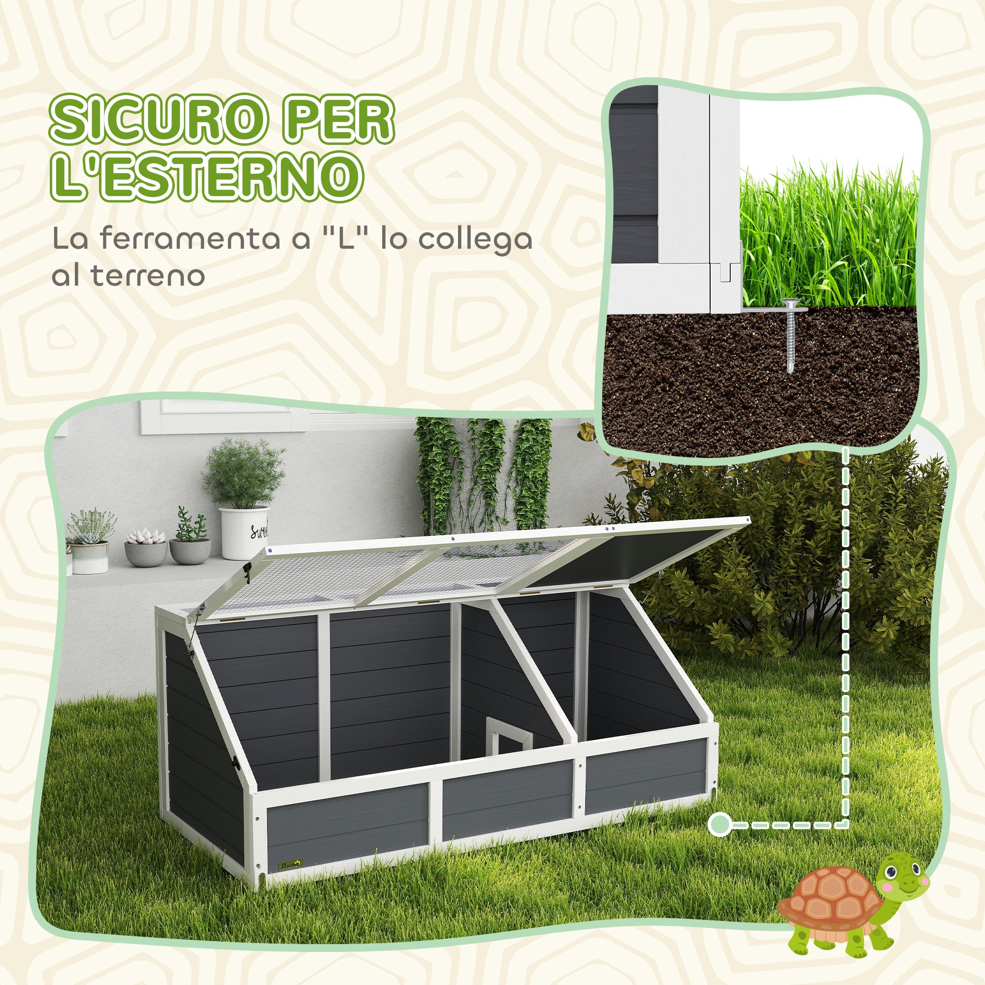 Unpaved Land Tortoise House with Openable Panel and 2 Separate Spaces, Made of Fir Wood and Galvanized Steel, 120x55x50H cm, Light Gray and White