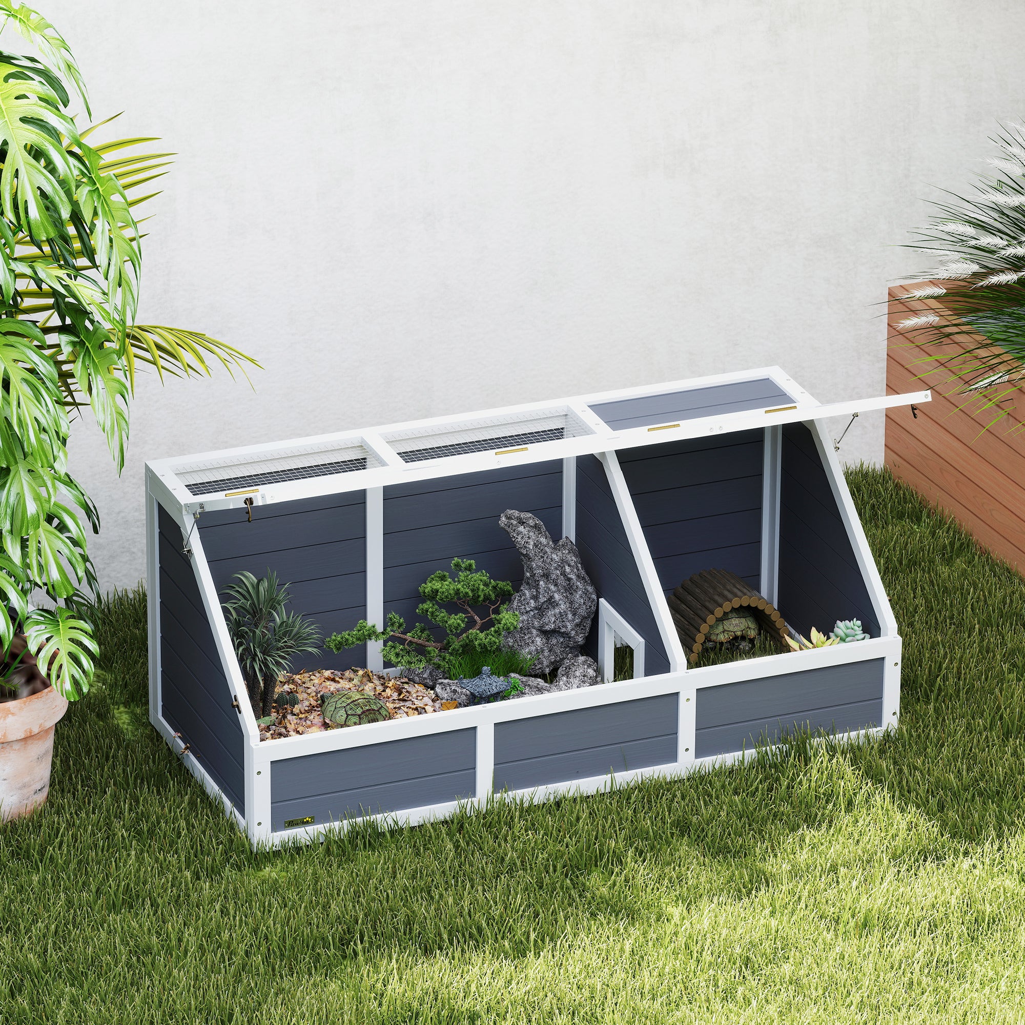 Unpaved Land Tortoise House with Openable Panel and 2 Separate Spaces, Made of Fir Wood and Galvanized Steel, 120x55x50H cm, Light Gray and White