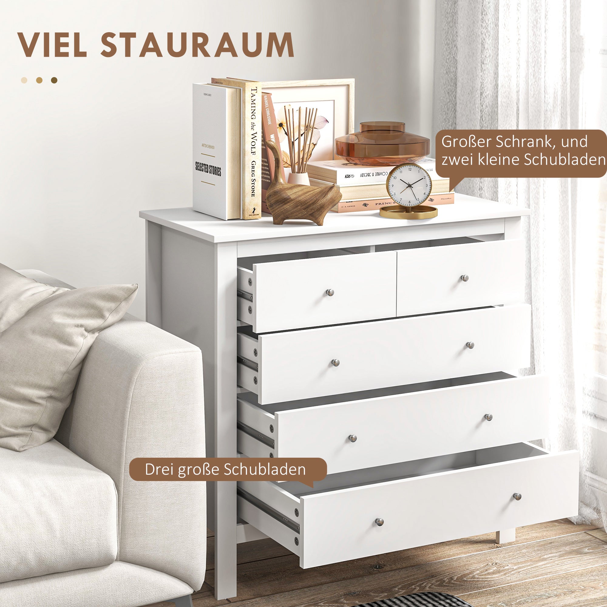 Dresser Sideboard with 5 Drawers Storage Cabinet Modern Drawer Cabinet for Living Room Bedroom Hallway White 79 x 39.5 x 80.5 cm