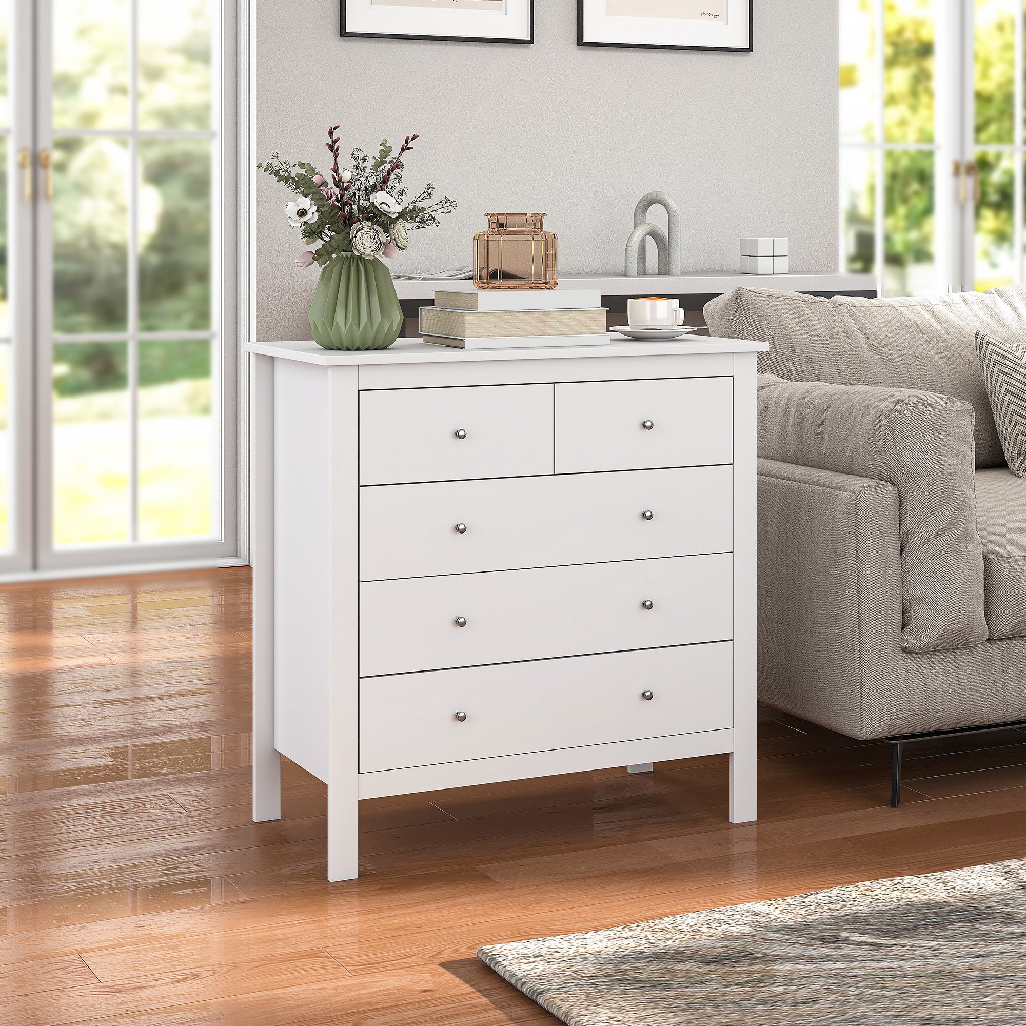 Dresser Sideboard with 5 Drawers Storage Cabinet Modern Drawer Cabinet for Living Room Bedroom Hallway White 79 x 39.5 x 80.5 cm